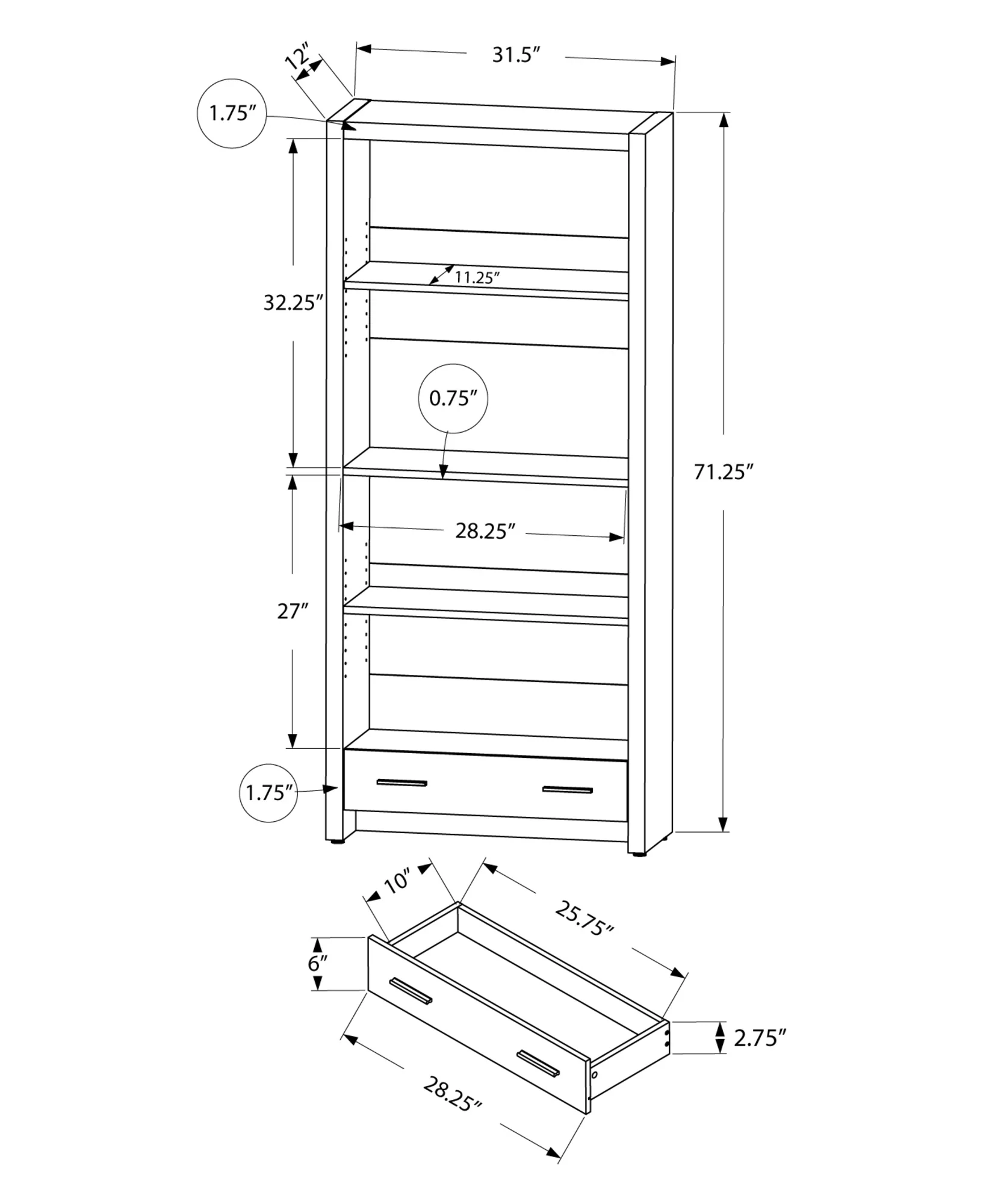 Dark Taupe Particle Board Hollow Core Bookcase With A Storage Drawer By Homeroots - Image 3