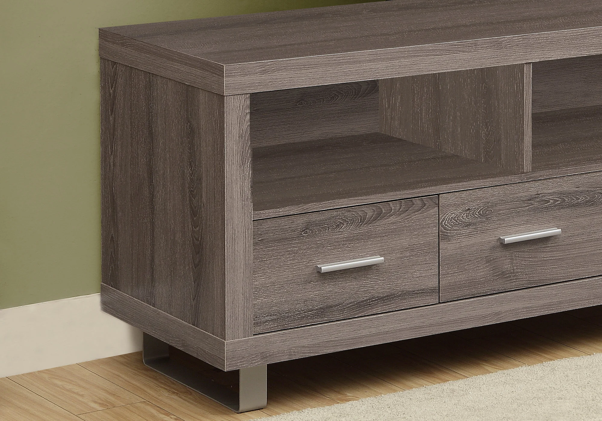 Dark Taupe Silver Particle Board Hollow Core Metal TV Stand with 3 Drawers By Homeroots - Image 2