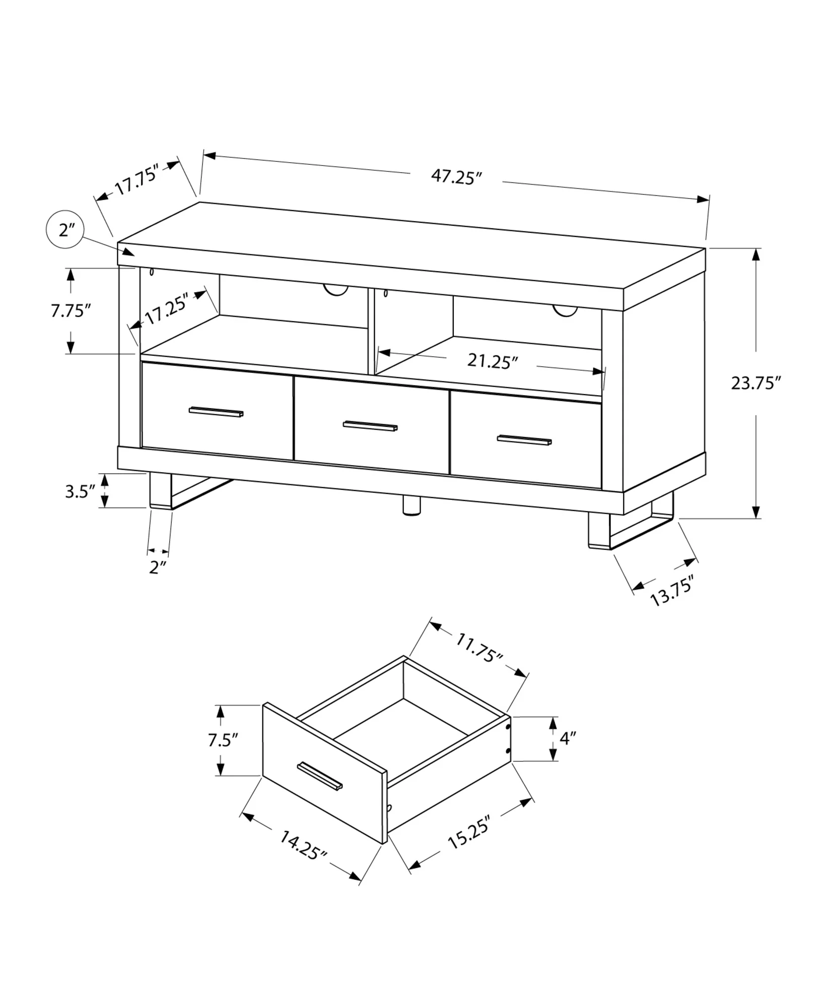 Dark Taupe Silver Particle Board Hollow Core Metal TV Stand with 3 Drawers By Homeroots - Image 3
