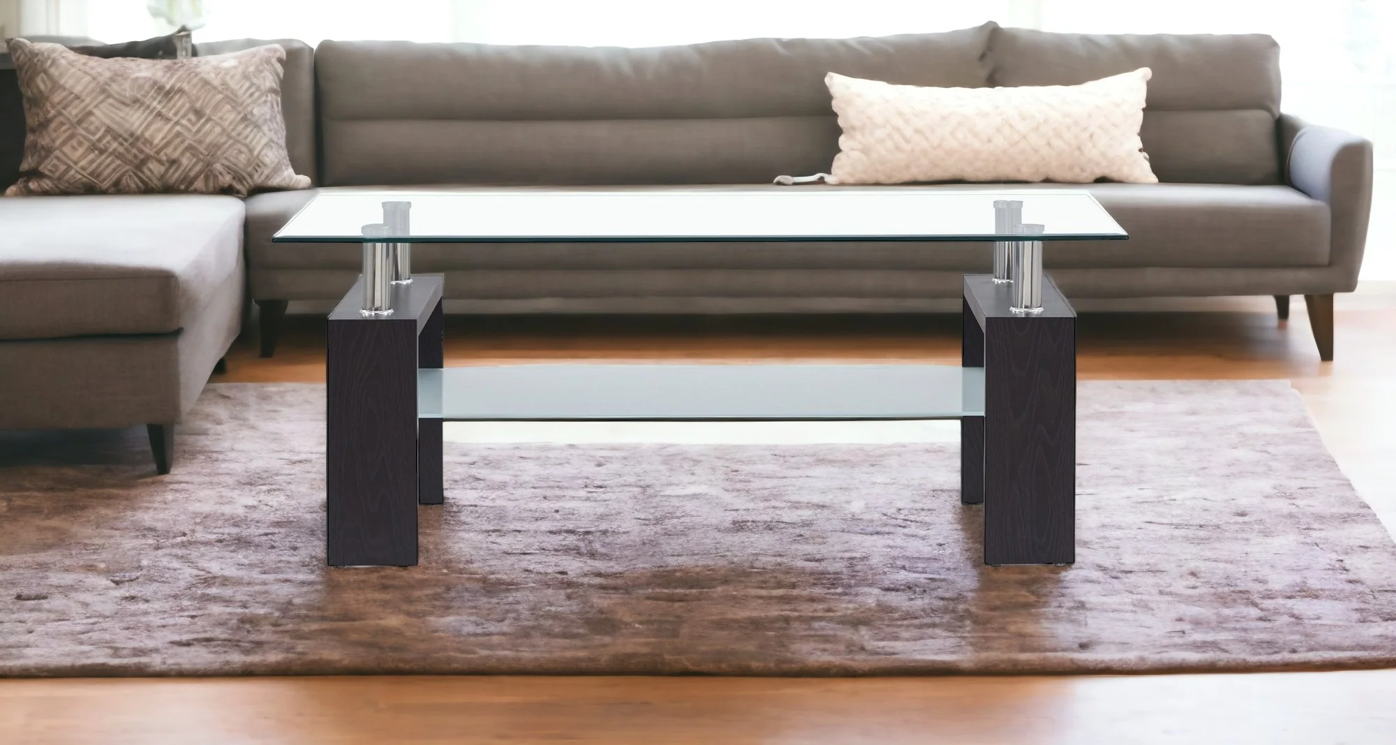 Dark Walnut legs Coffee Table with Rectangular Clear Glass Top By Homeroots - Image 2