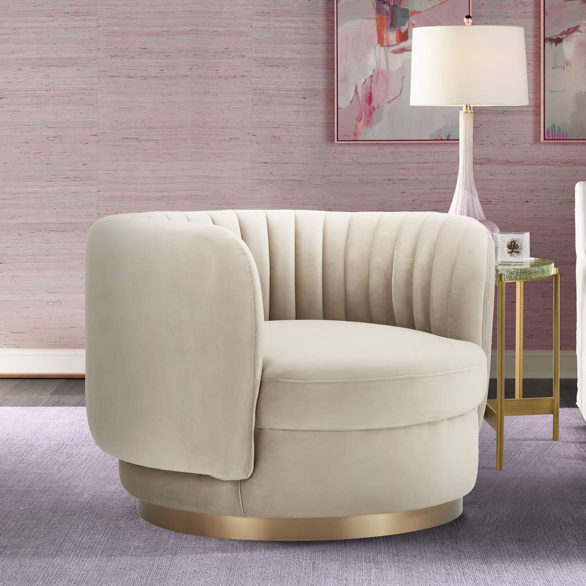 Davy Blush Velvet Swivel Accent Chair with Gold Base By Armen Living - Image 21