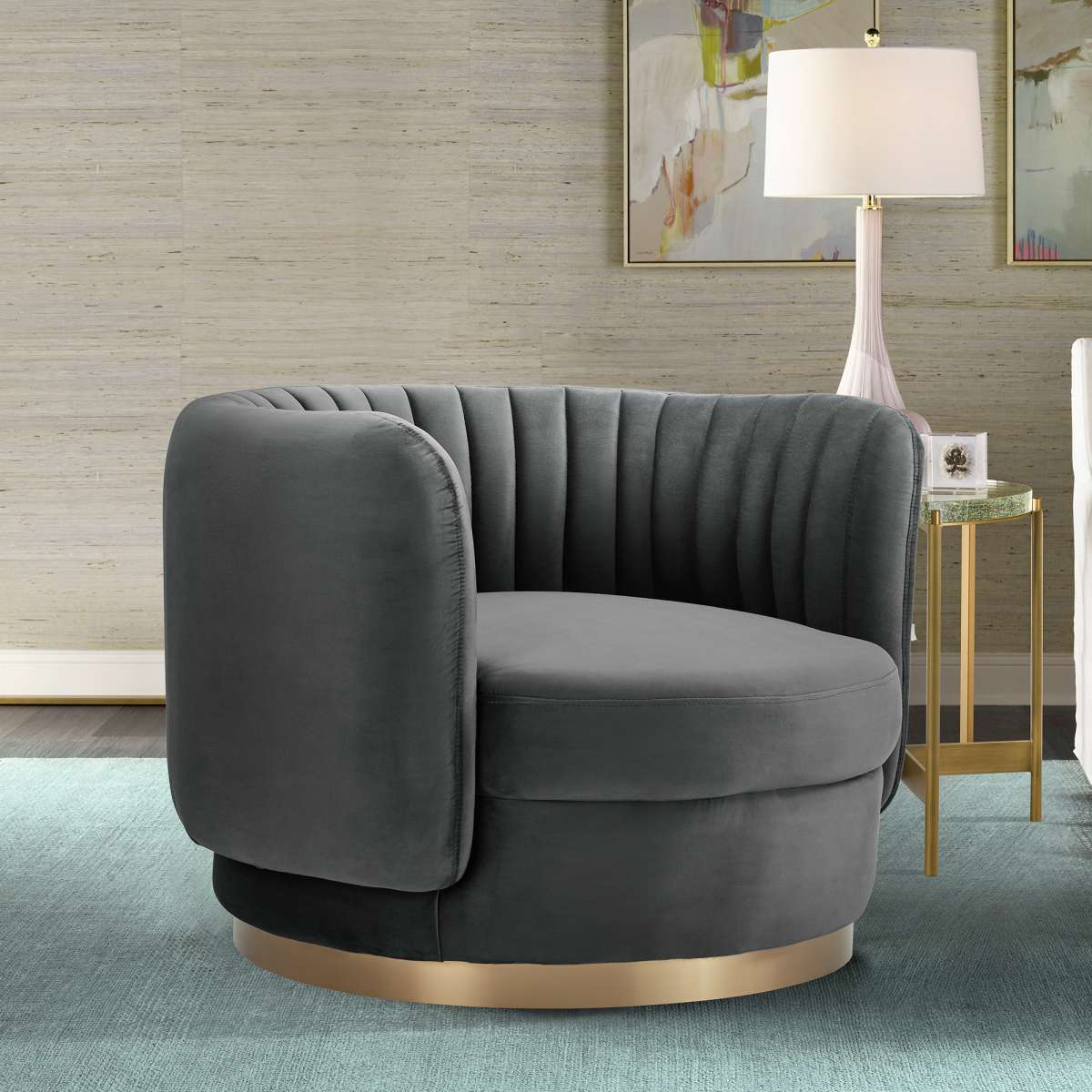 Davy Blush Velvet Swivel Accent Chair with Gold Base By Armen Living - Image 8