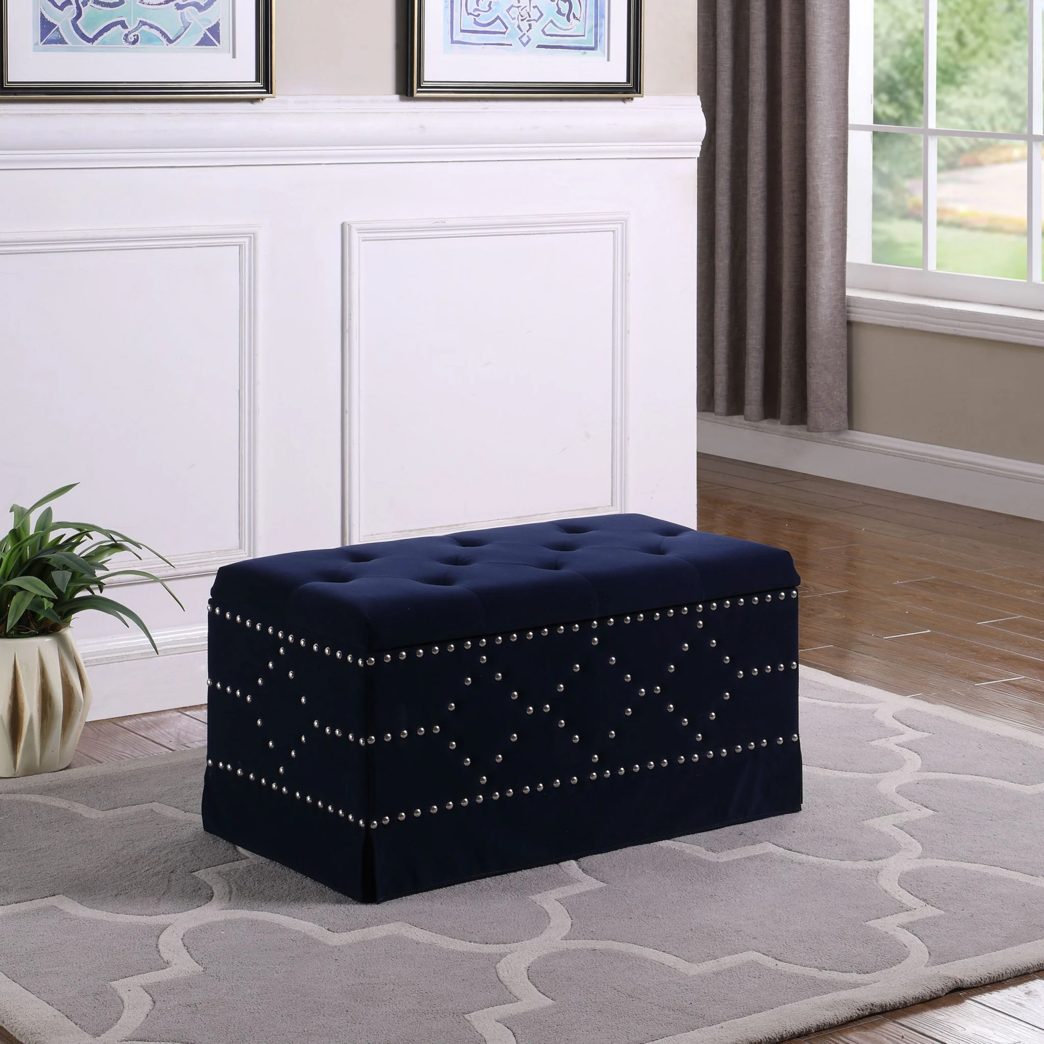 Deep Blue Velvet Nailhead Storage Bench with Ottomans By Homeroots - Image 2