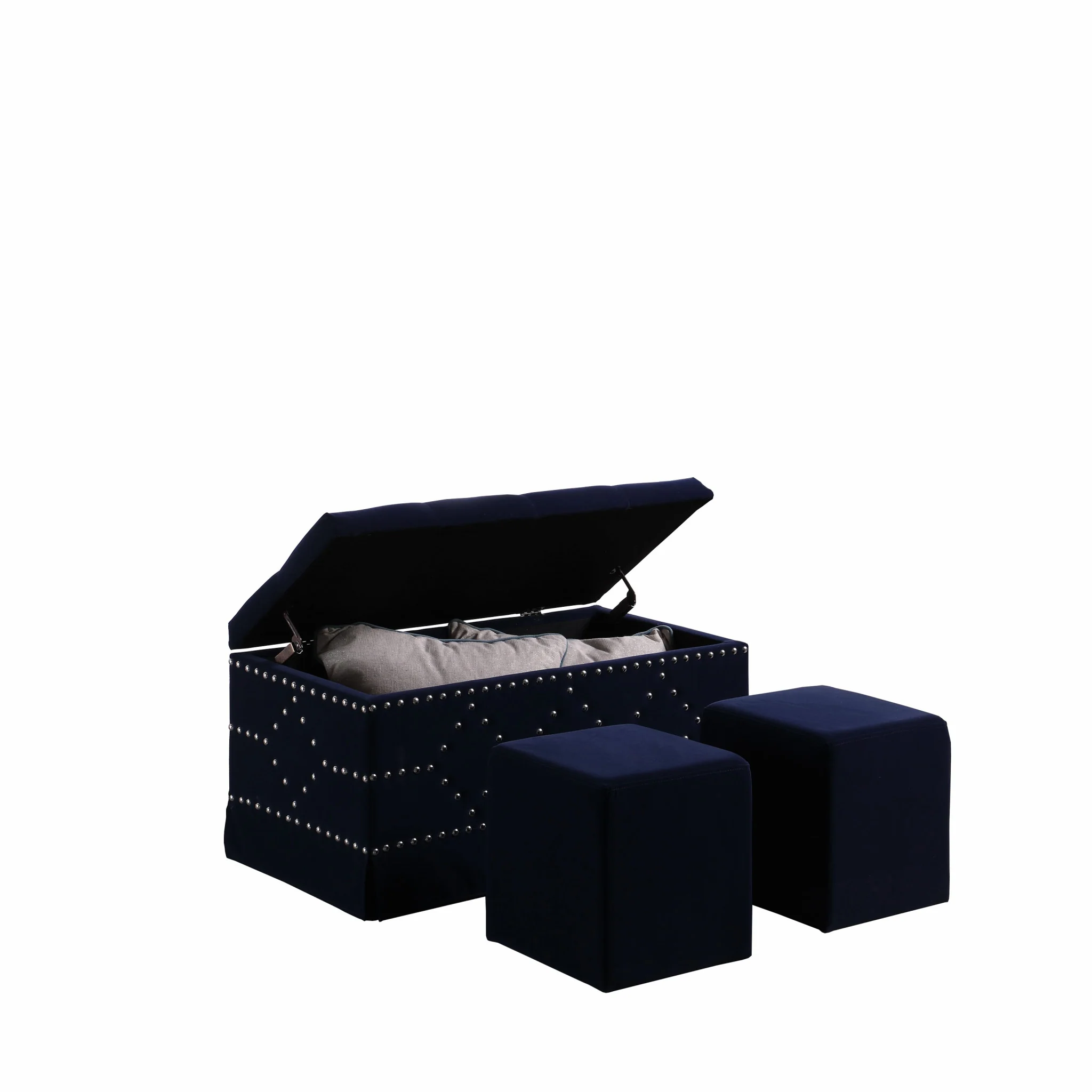 Deep Blue Velvet Nailhead Storage Bench with Ottomans By Homeroots - Image 3