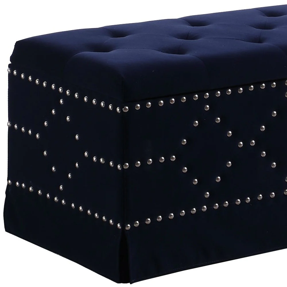 Deep Blue Velvet Nailhead Storage Bench with Ottomans By Homeroots - Image 5