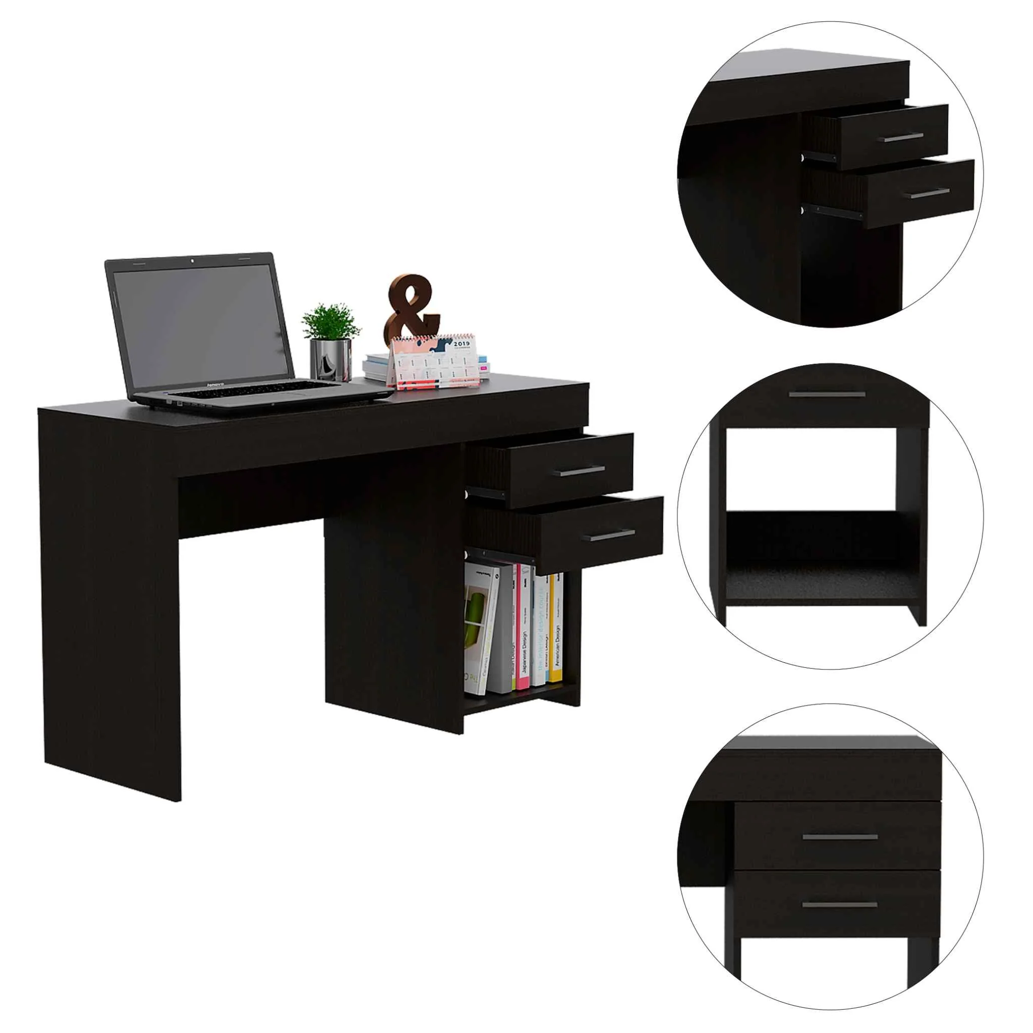 Deon Black Two Drawer Computer Desk By Homeroots - Image 4