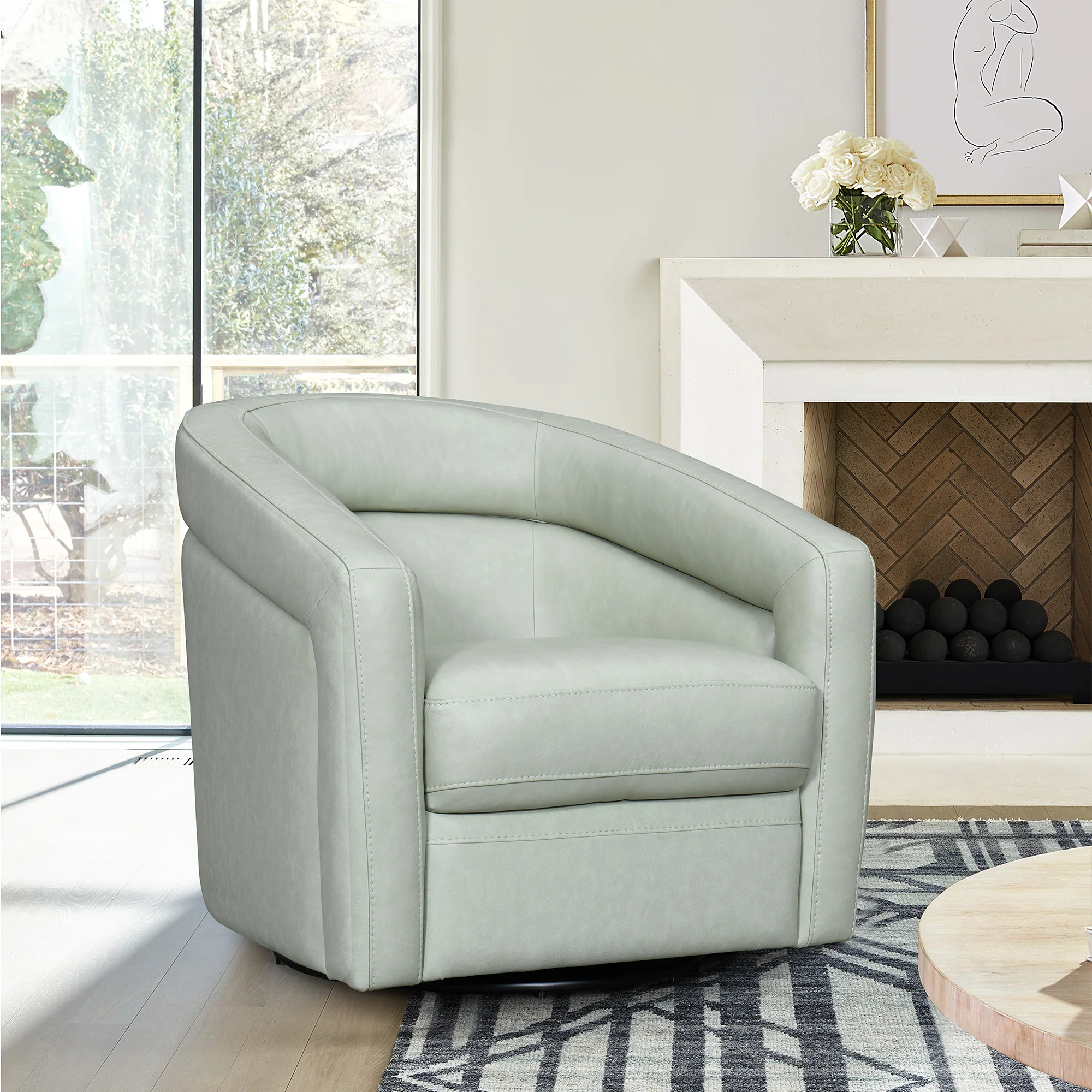 Desi Sky Blue Leather Swivel Accent Chair By Armen Living - Image 10