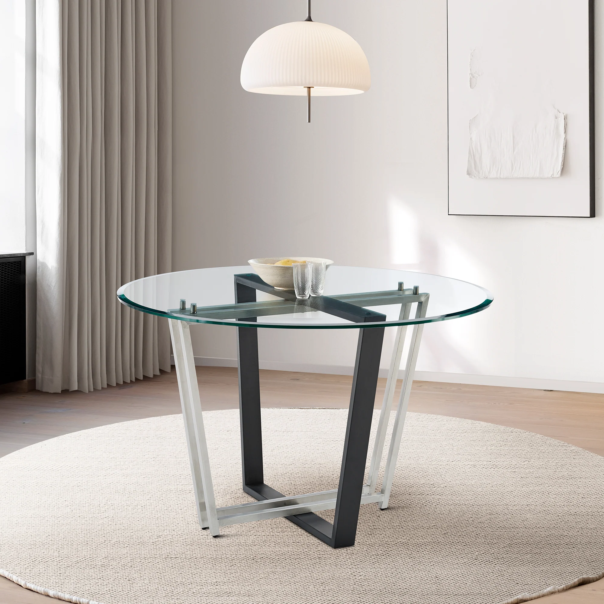Devi 48" Round Dining Table in Gold Stainless Steel and Black Iron Base with Glass Tabletop  By Armen Living - Image 10