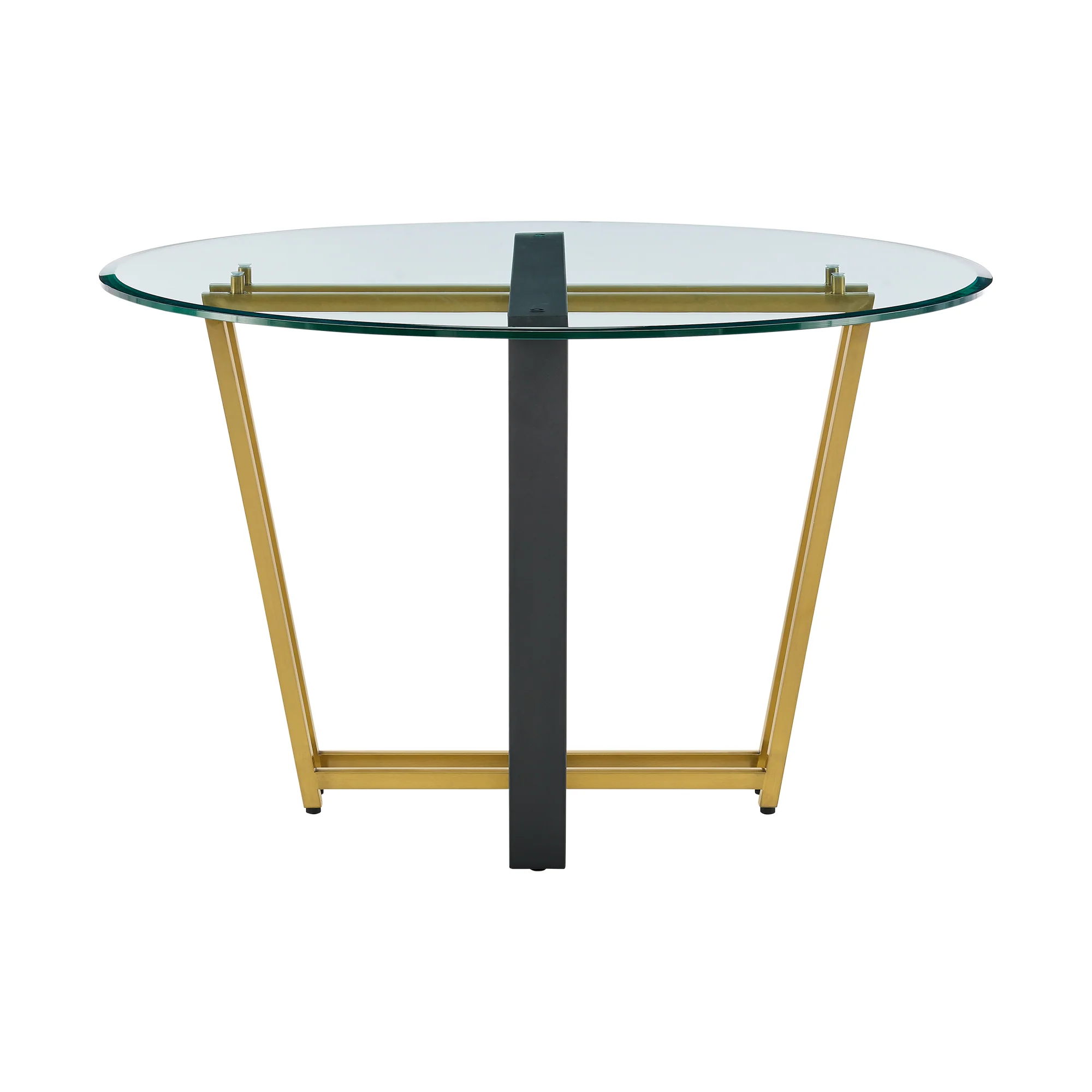 Devi 48" Round Dining Table in Gold Stainless Steel and Black Iron Base with Glass Tabletop  By Armen Living - Image 4
