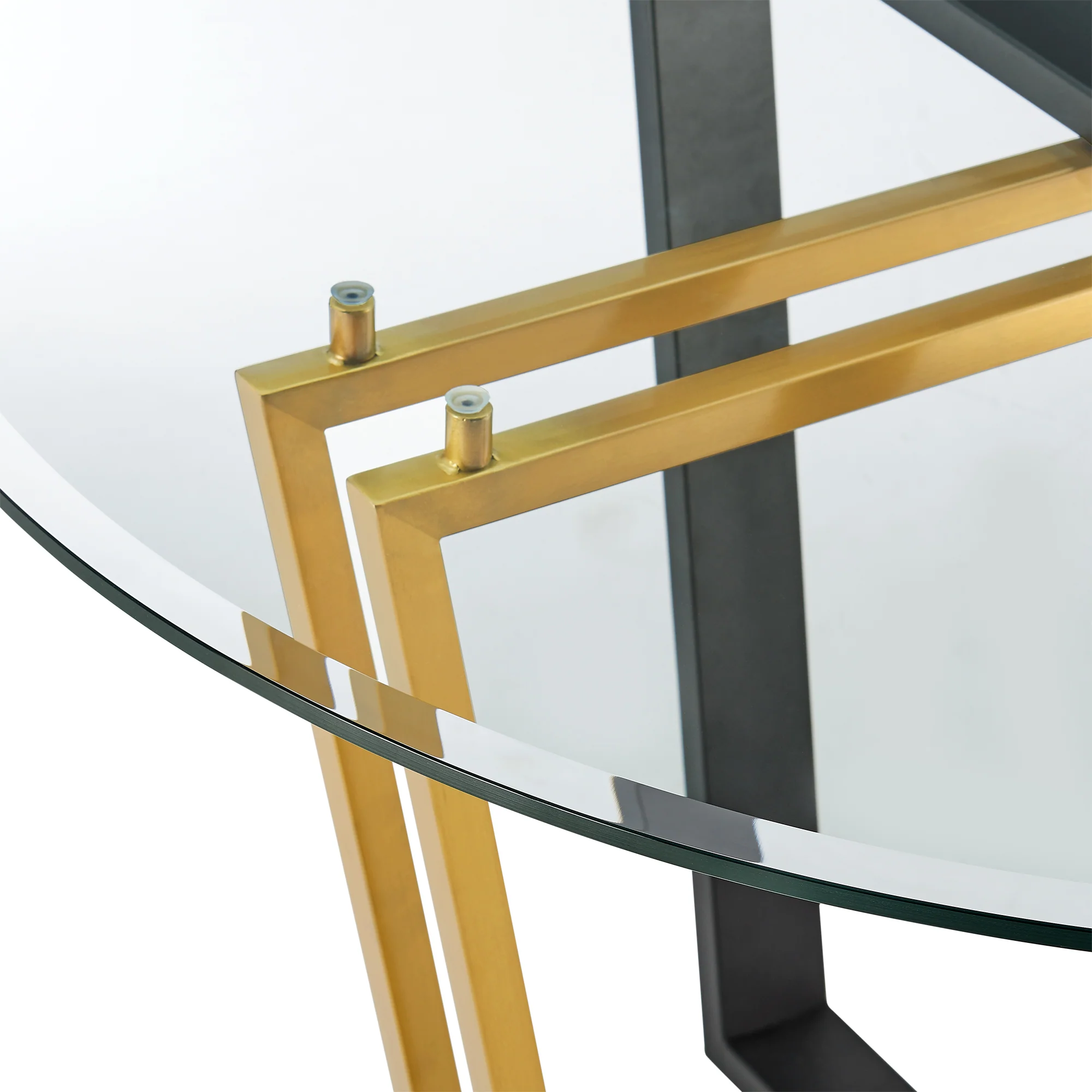 Devi 48" Round Dining Table in Gold Stainless Steel and Black Iron Base with Glass Tabletop  By Armen Living - Image 7