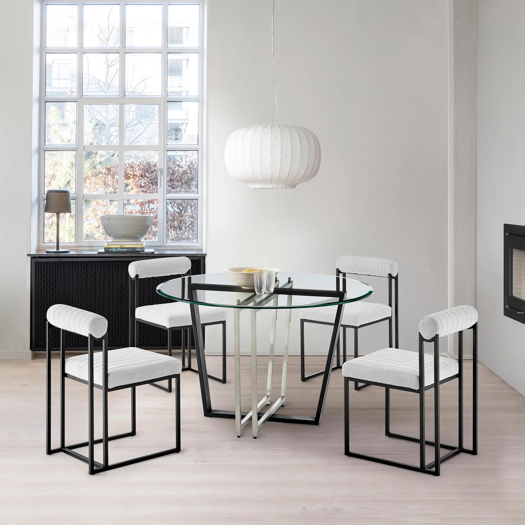 Devi Anastasia 5 Piece Round Glass Dining Table Set with Matte Black Iron and Anchor Gray Fabric By Armen Living - Image 11