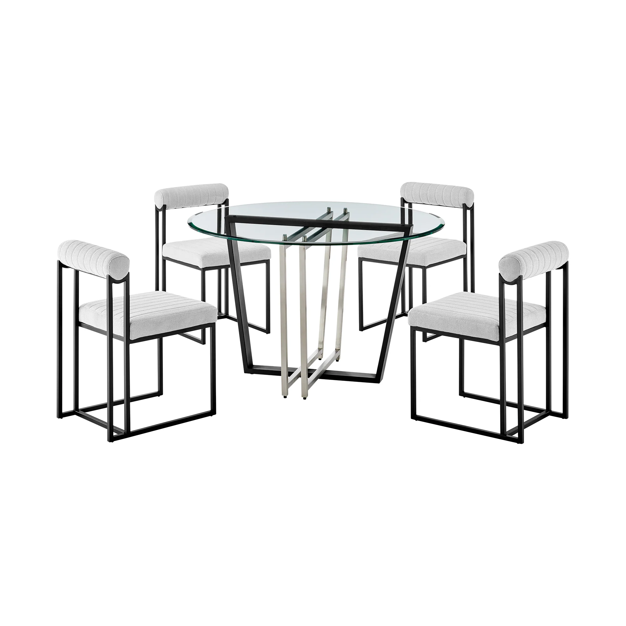 Devi Anastasia 5 Piece Round Glass Dining Table Set with Matte Black Iron and Anchor Gray Fabric By Armen Living - Image 12