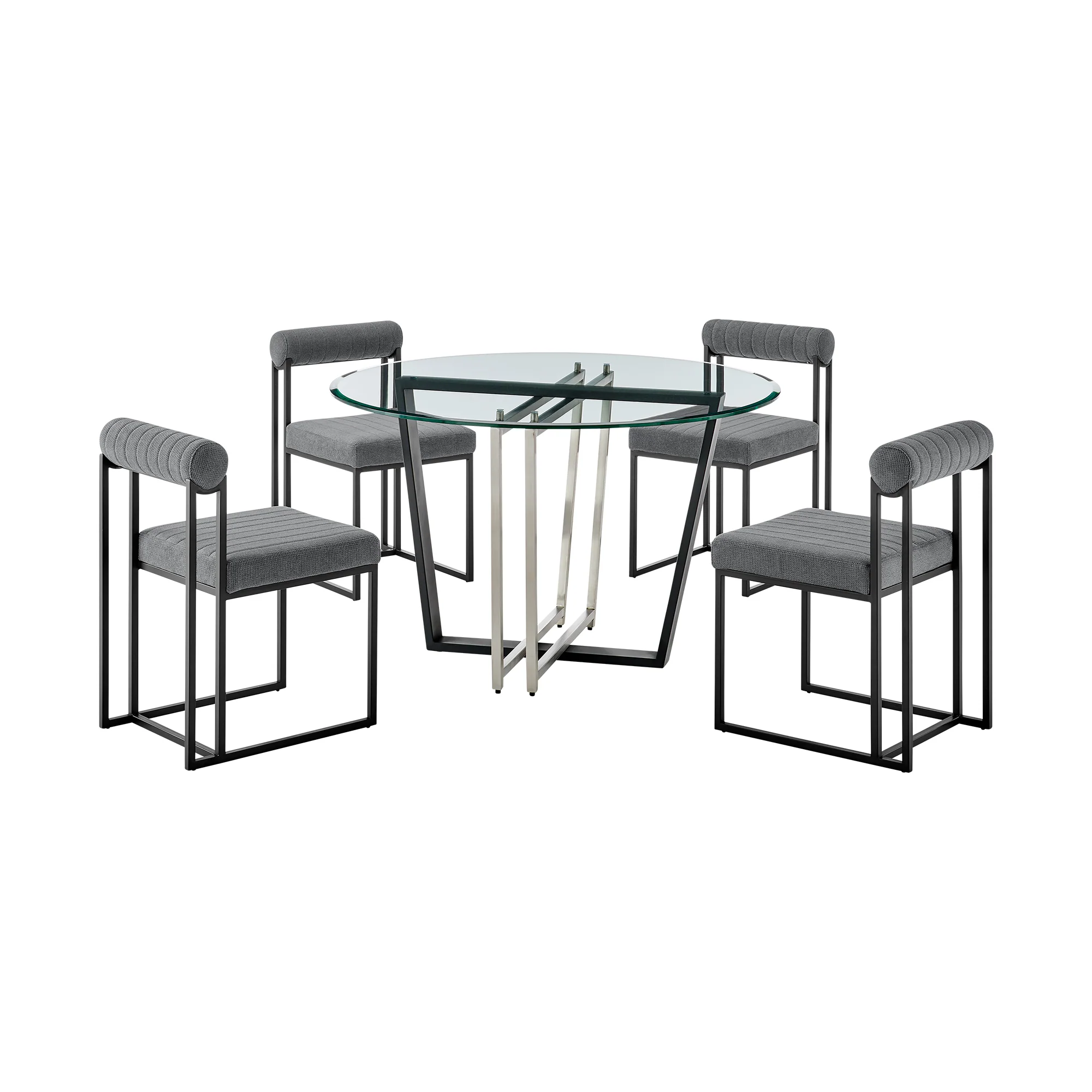 Devi Anastasia 5 Piece Round Glass Dining Table Set with Matte Black Iron and Anchor Gray Fabric By Armen Living - Image 2
