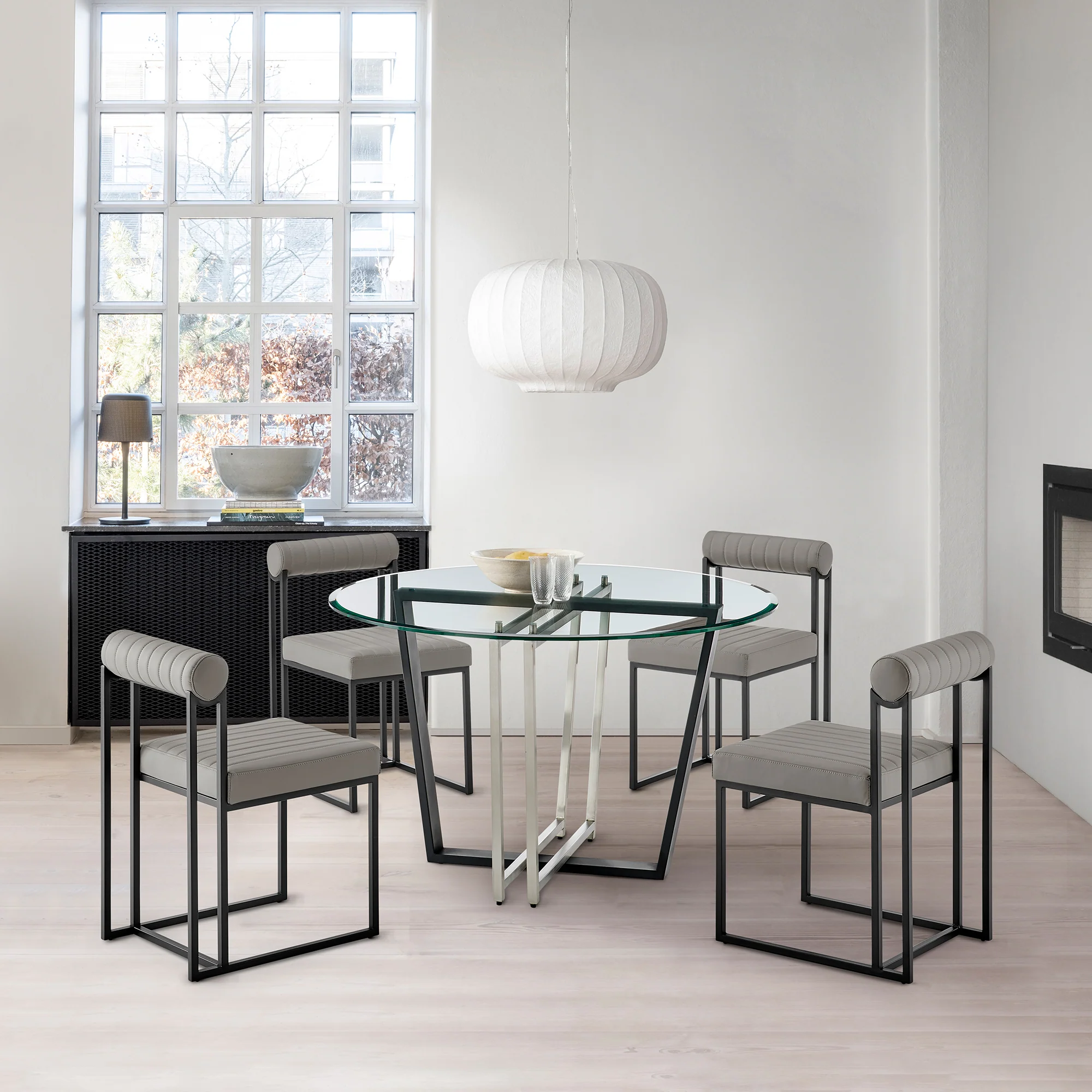 Devi Anastasia 5 Piece Round Glass Dining Table Set with Matte Black Iron and Anchor Gray Fabric By Armen Living - Image 21