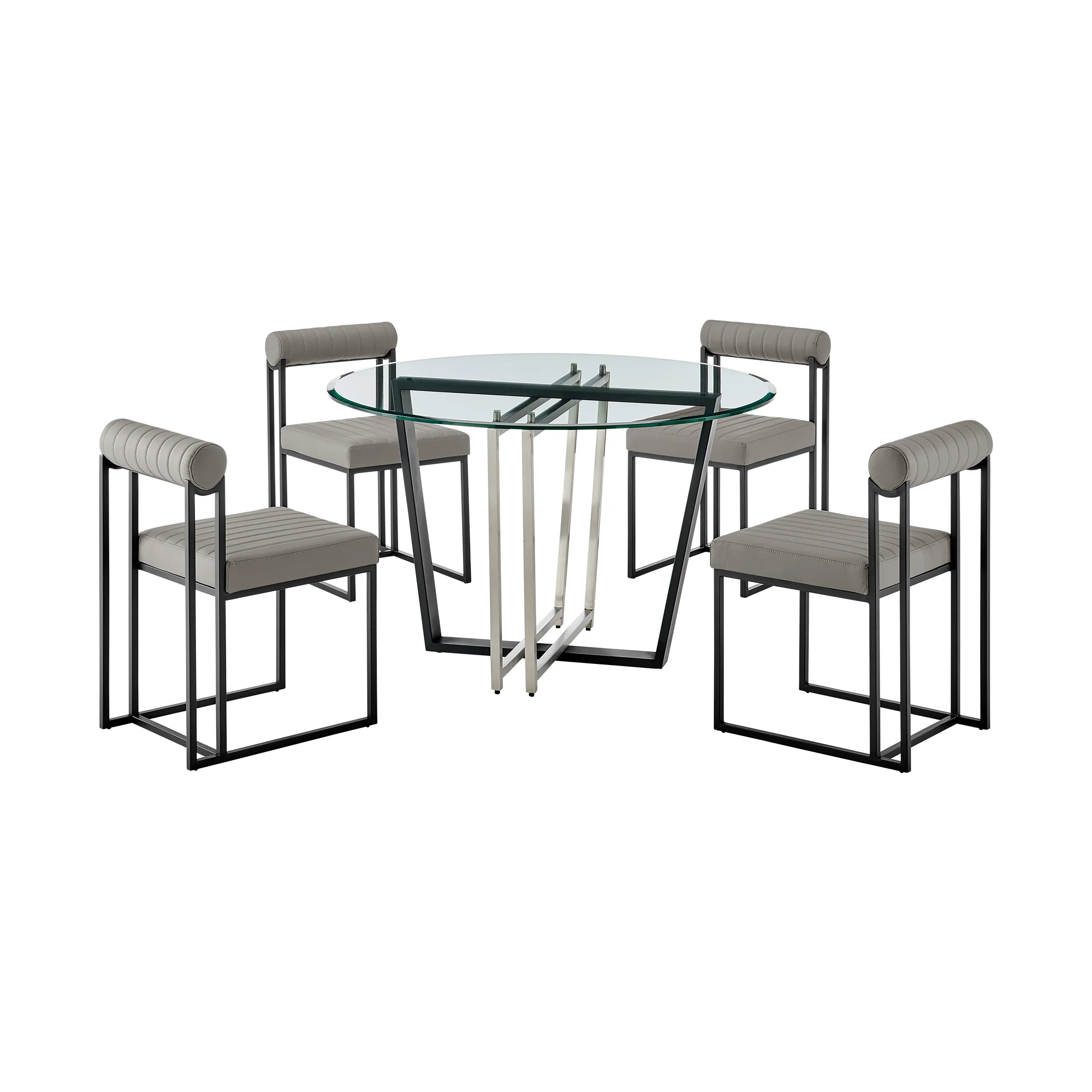 Devi Anastasia 5 Piece Round Glass Dining Table Set with Matte Black Iron and Anchor Gray Fabric By Armen Living - Image 22