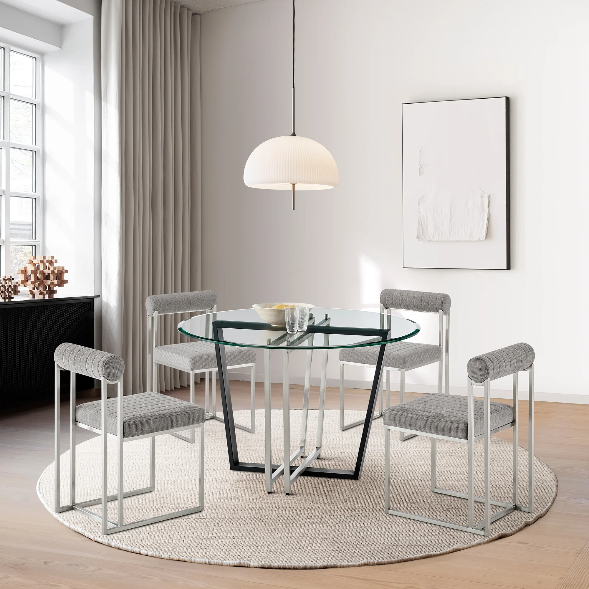 Devi Anastasia 5 Piece Round Glass Dining Table Set with Matte Black Iron and Anchor Gray Fabric By Armen Living - Image 31