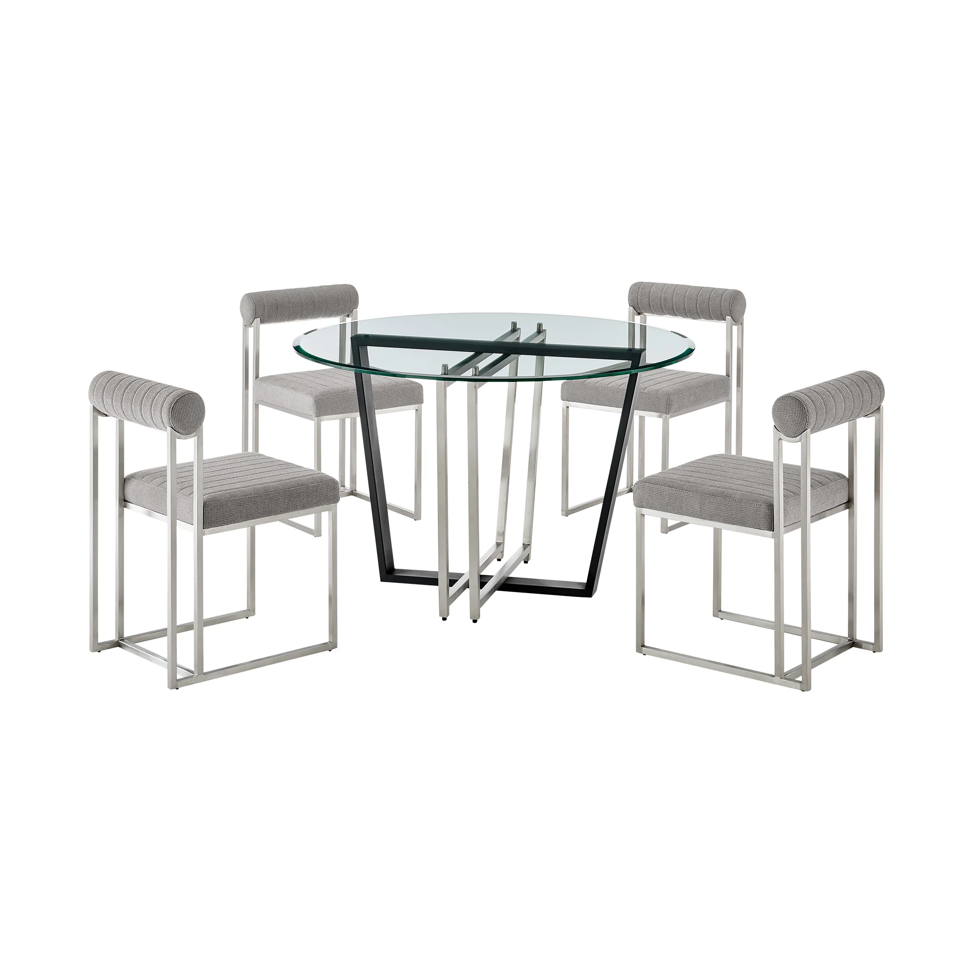 Devi Anastasia 5 Piece Round Glass Dining Table Set with Matte Black Iron and Anchor Gray Fabric By Armen Living - Image 32