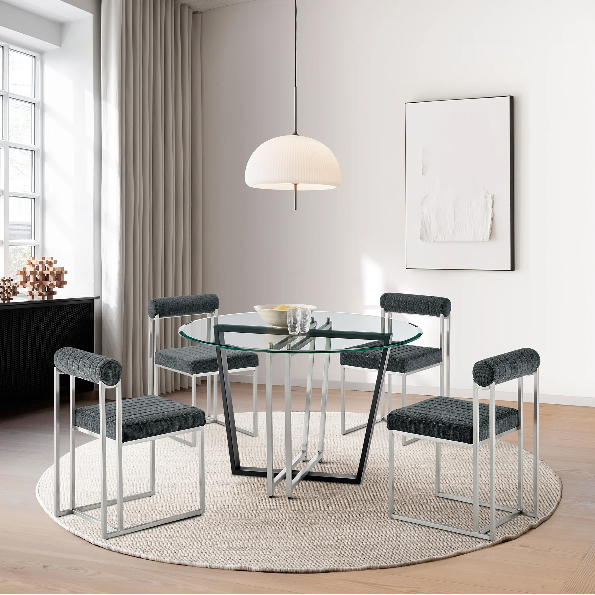 Devi Anastasia 5 Piece Round Glass Dining Table Set with Matte Black Iron and Anchor Gray Fabric By Armen Living - Image 41