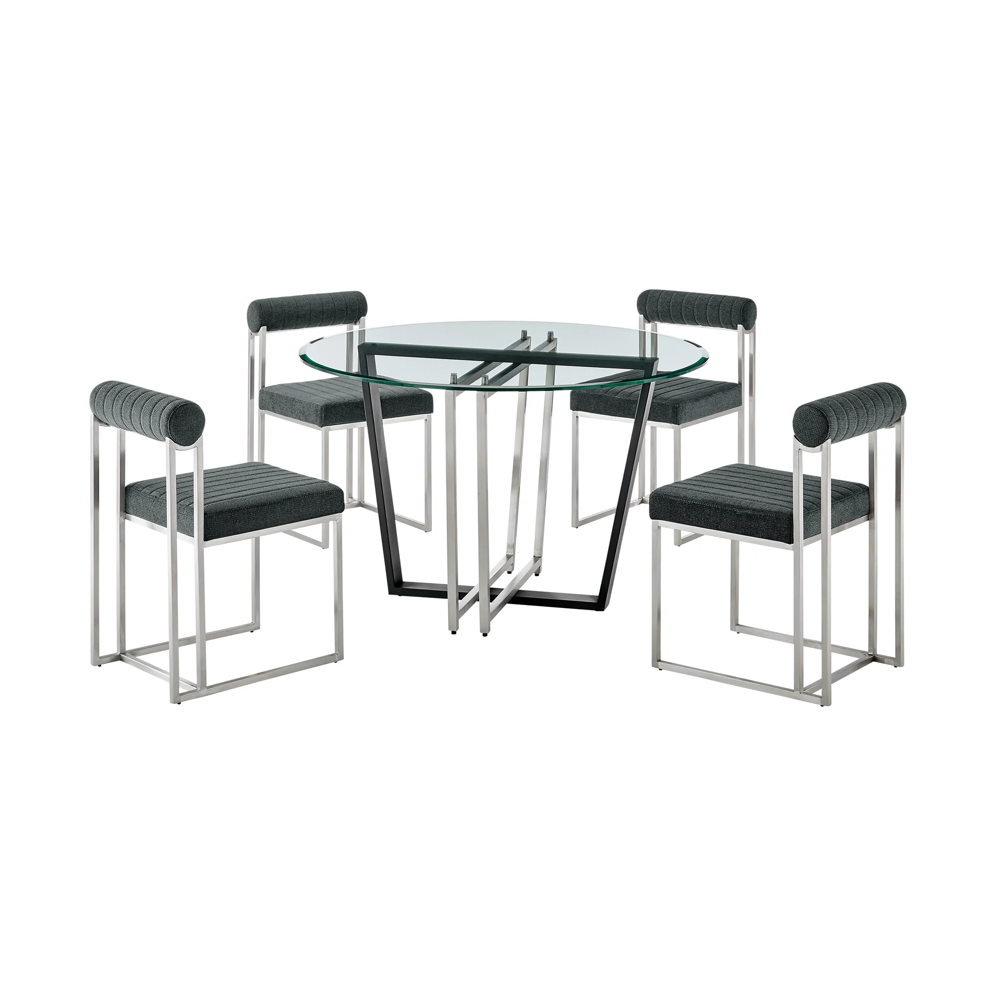 Devi Anastasia 5 Piece Round Glass Dining Table Set with Matte Black Iron and Anchor Gray Fabric By Armen Living - Image 42
