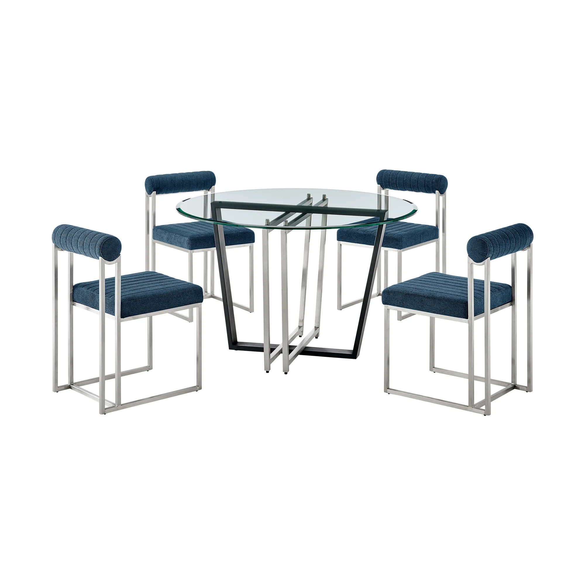 Devi Anastasia 5 Piece Round Glass Dining Table Set with Matte Black Iron and Anchor Gray Fabric By Armen Living - Image 52
