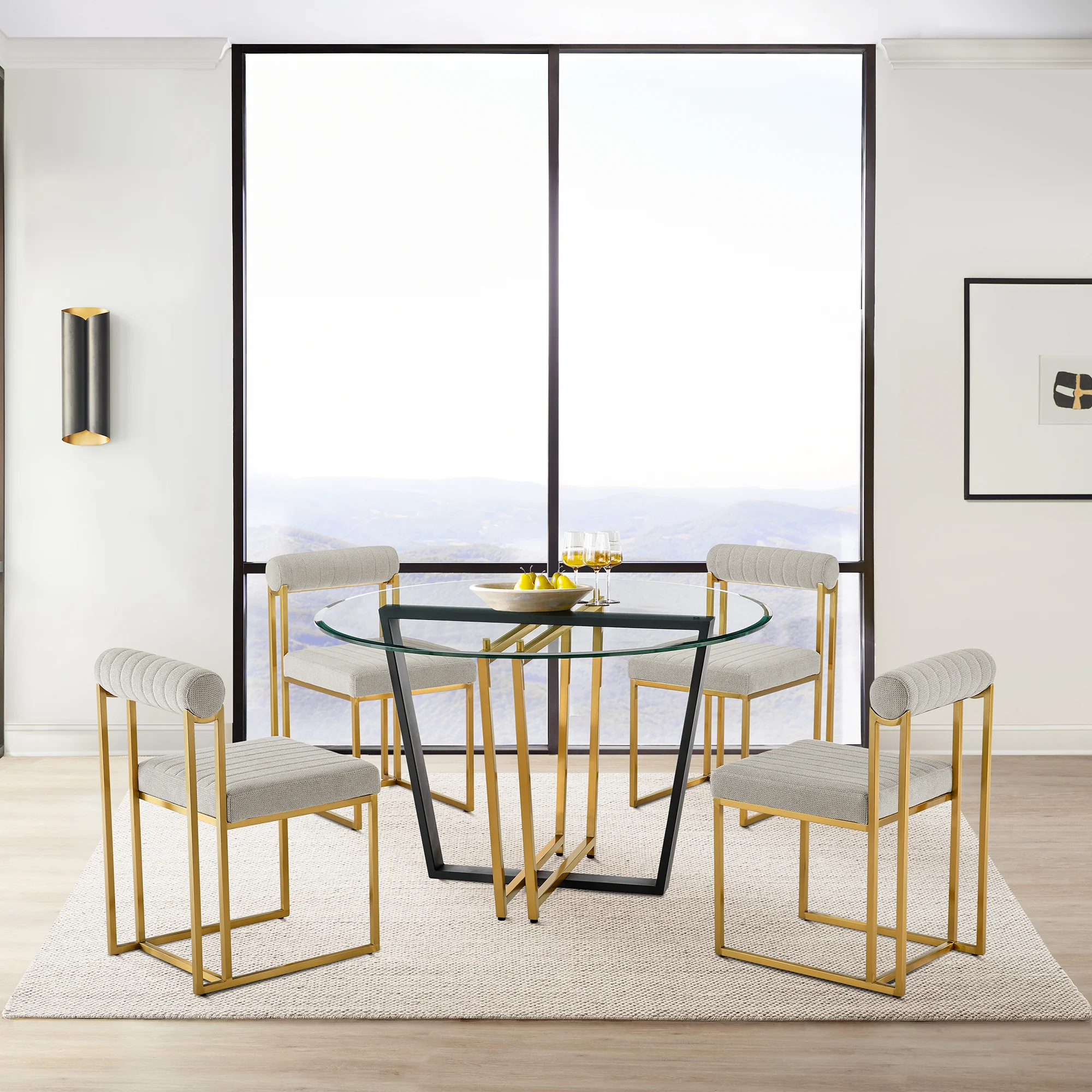 Devi Anastasia 5 Piece Round Glass Dining Table Set with Matte Black Iron and Anchor Gray Fabric By Armen Living - Image 61
