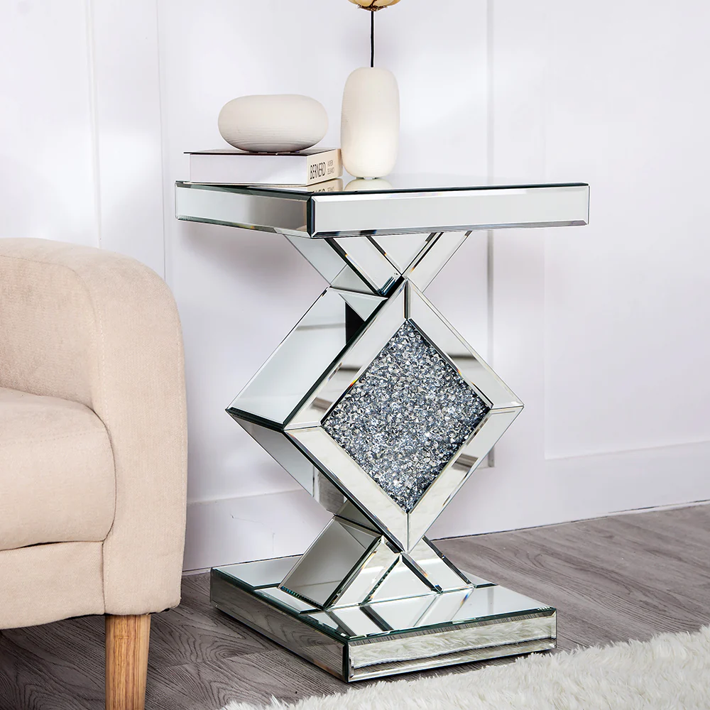 Diamond Silver Mirrored Side Table By Homeroots - Image 6