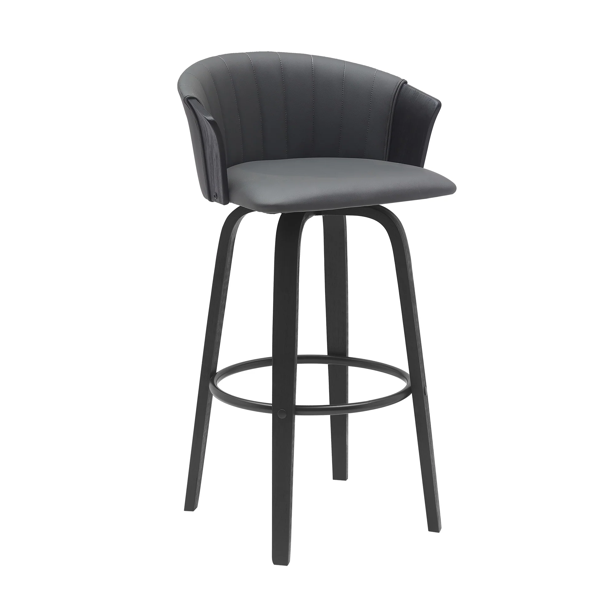 Diana 30" Swivel Black Wood Bar Stool in Gray Faux Leather By Armen Living - Image 2