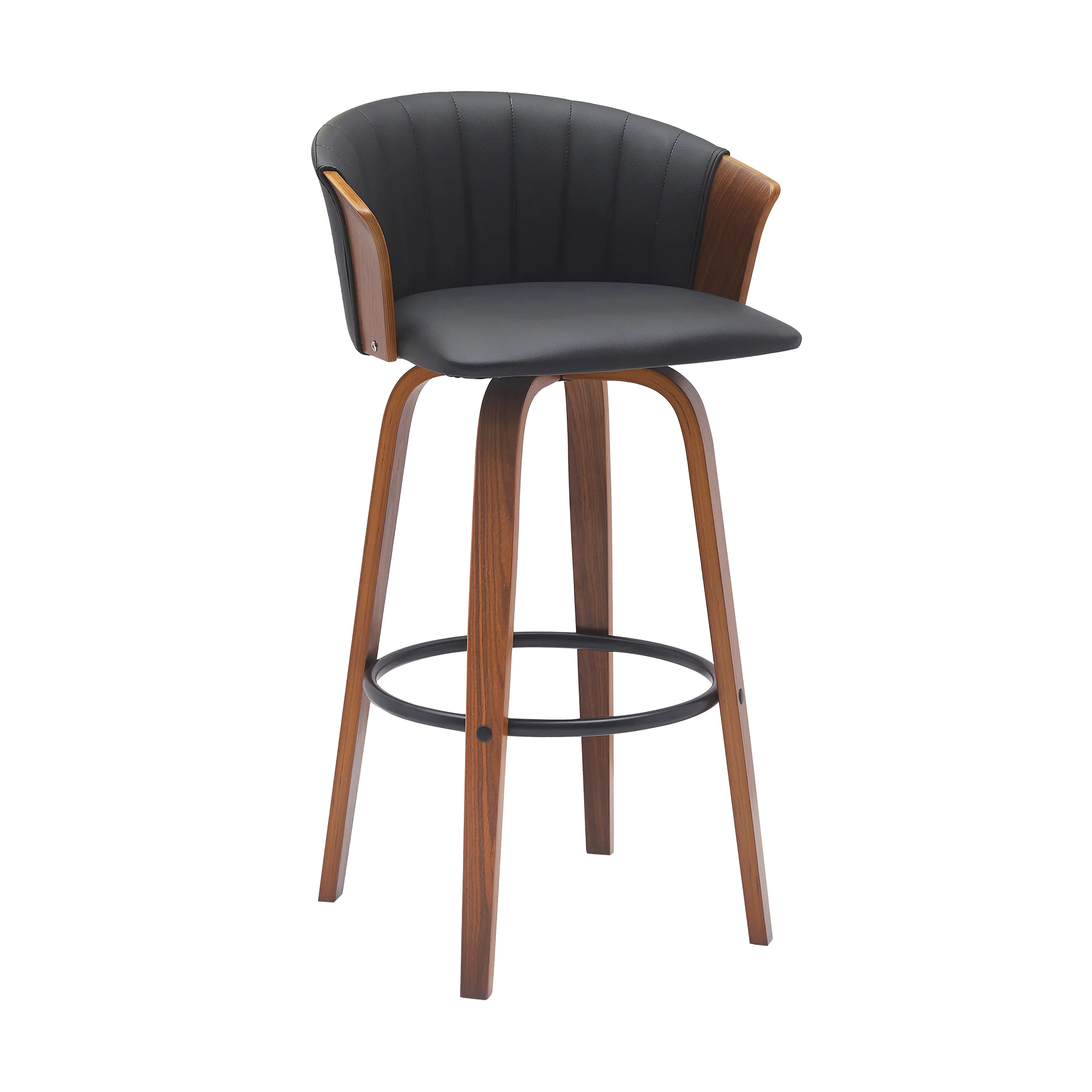 Diana 30" Swivel Walnut Wood Bar Stool in Black Faux Leather By Armen Living - Image 2