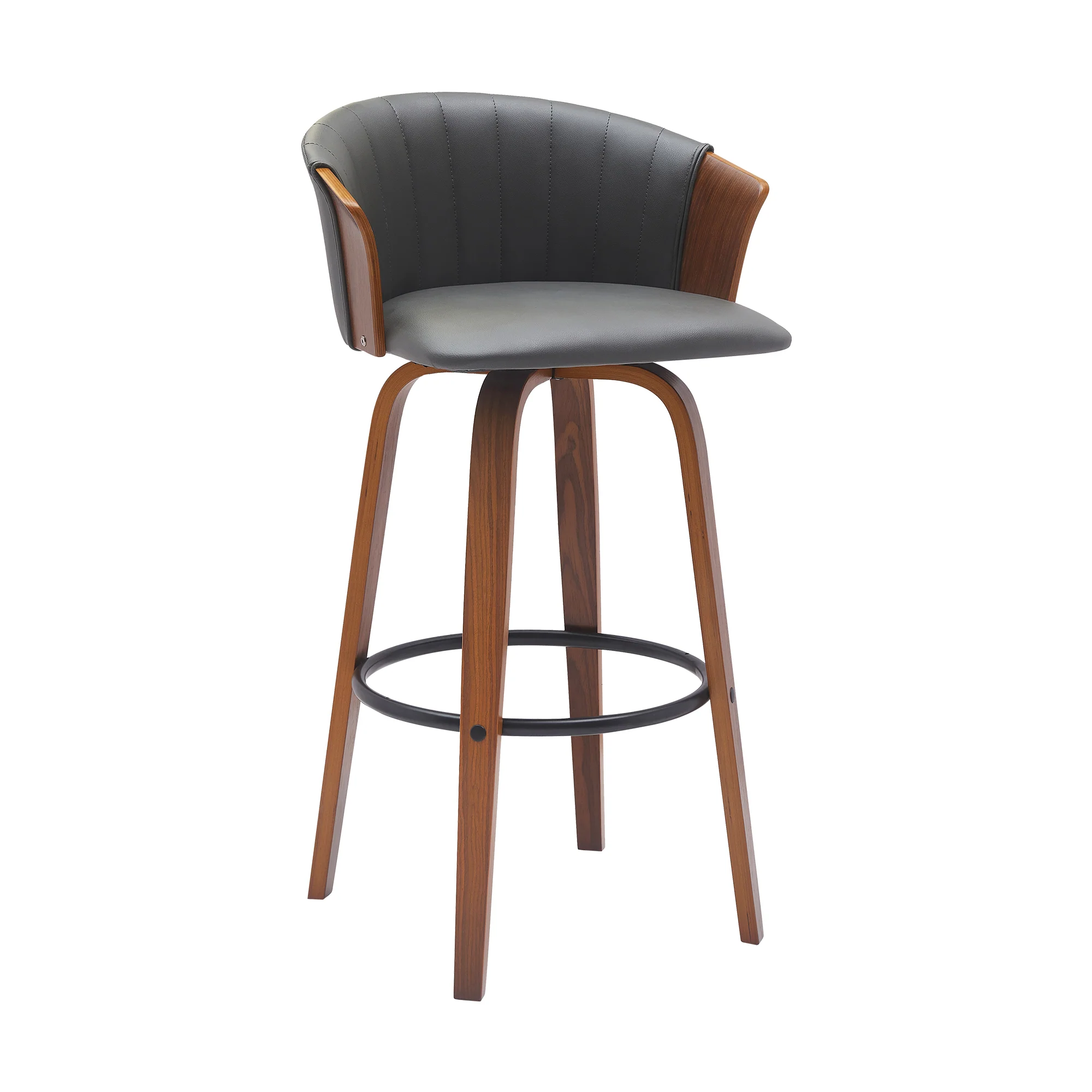 Diana 30" Swivel Walnut Wood Bar Stool in Gray Faux Leather By Armen Living - Image 2
