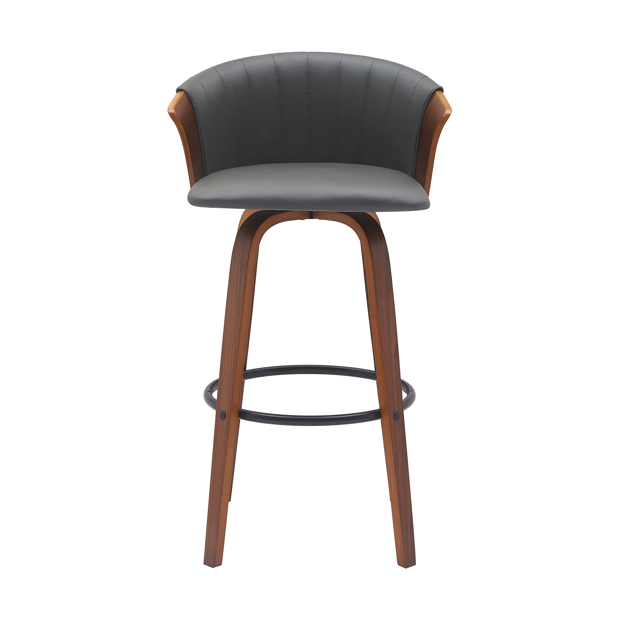 Diana 30" Swivel Walnut Wood Bar Stool in Gray Faux Leather By Armen Living - Image 3