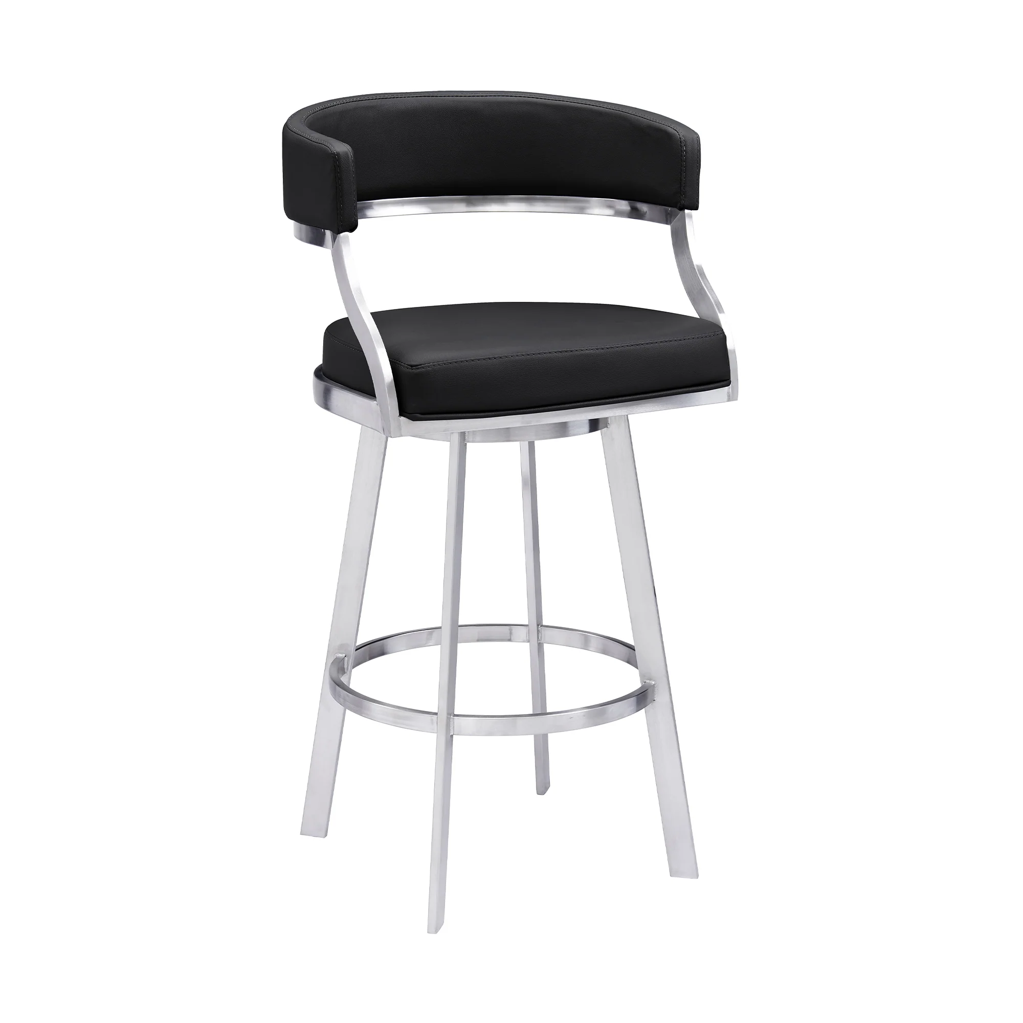 Dione 26" Counter Height Swivel Black Faux Leather and Brushed Stainless Steel Bar Stool By Armen Living - Image 2