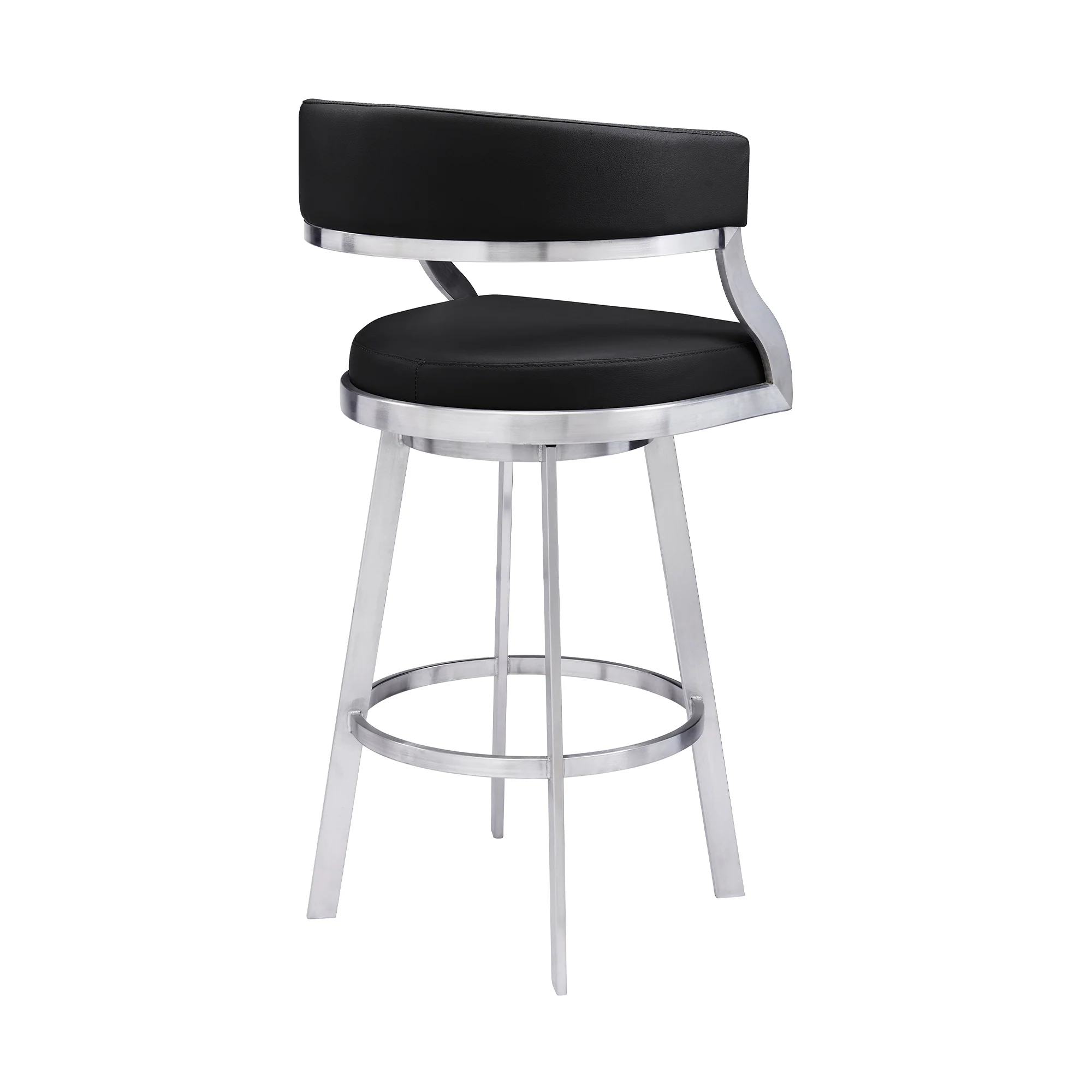 Dione 30" Bar Height Swivel Black Faux Leather and Brushed Stainless Steel Bar Stool By Armen Living - Image 4