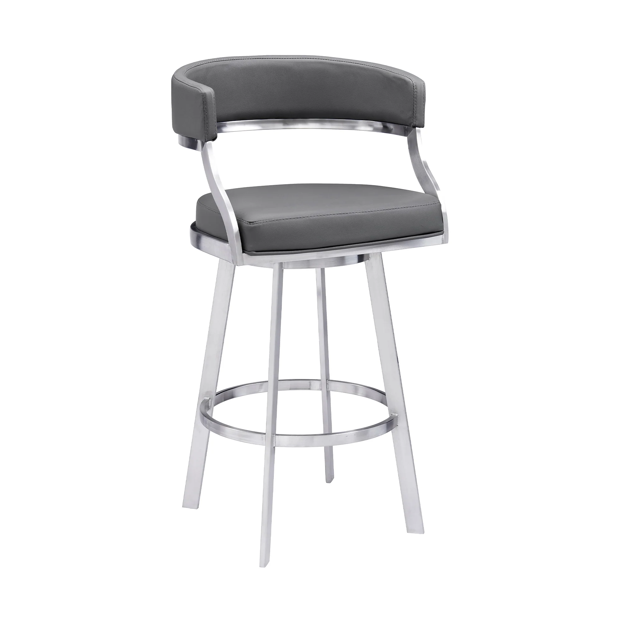Dione 30" Bar Height Swivel Grey Faux Leather and Brushed Stainless Steel Bar Stool By Armen Living - Image 2