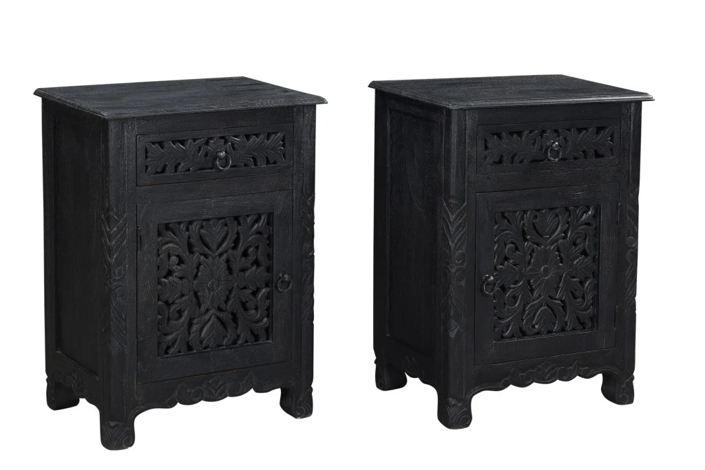 Distressed Black One Drawer Carved Floral Solid Wood Nightstand By Homeroots - Image 2