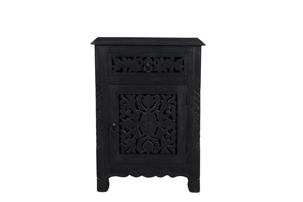 Distressed Black One Drawer Carved Floral Solid Wood Nightstand By Homeroots - Image 3