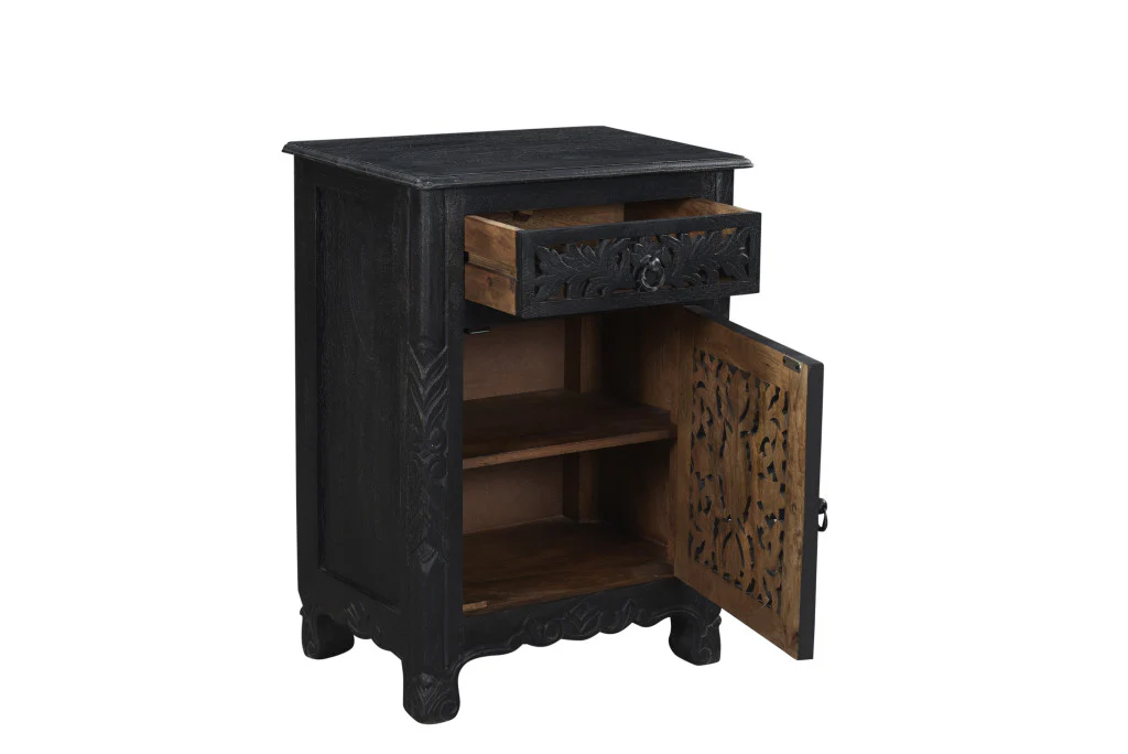 Distressed Black One Drawer Carved Floral Solid Wood Nightstand By Homeroots - Image 4