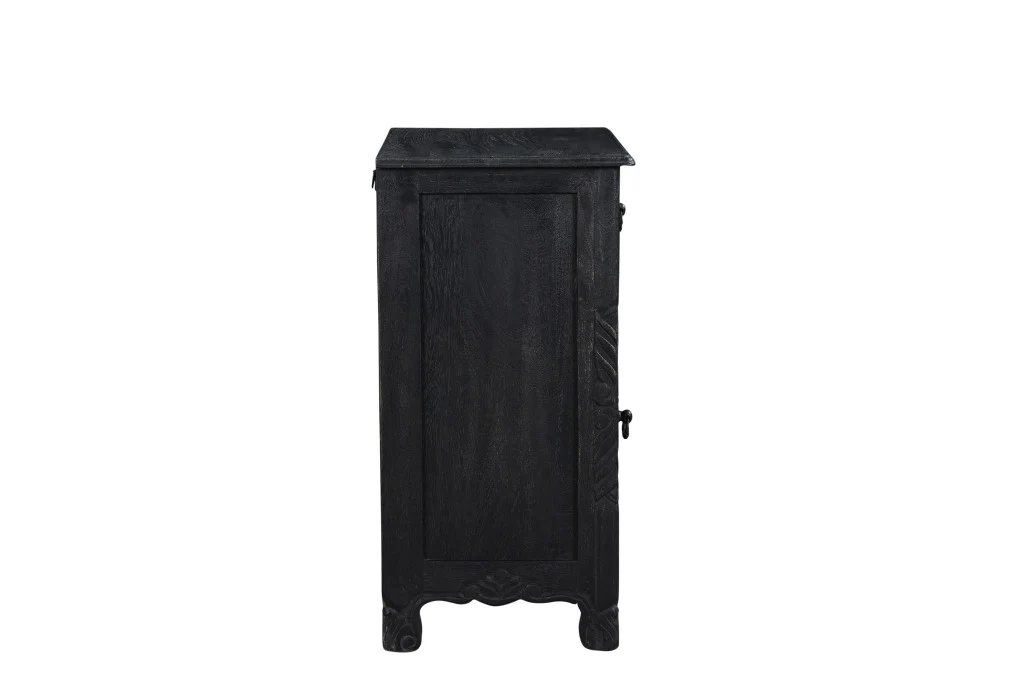 Distressed Black One Drawer Carved Floral Solid Wood Nightstand By Homeroots - Image 6