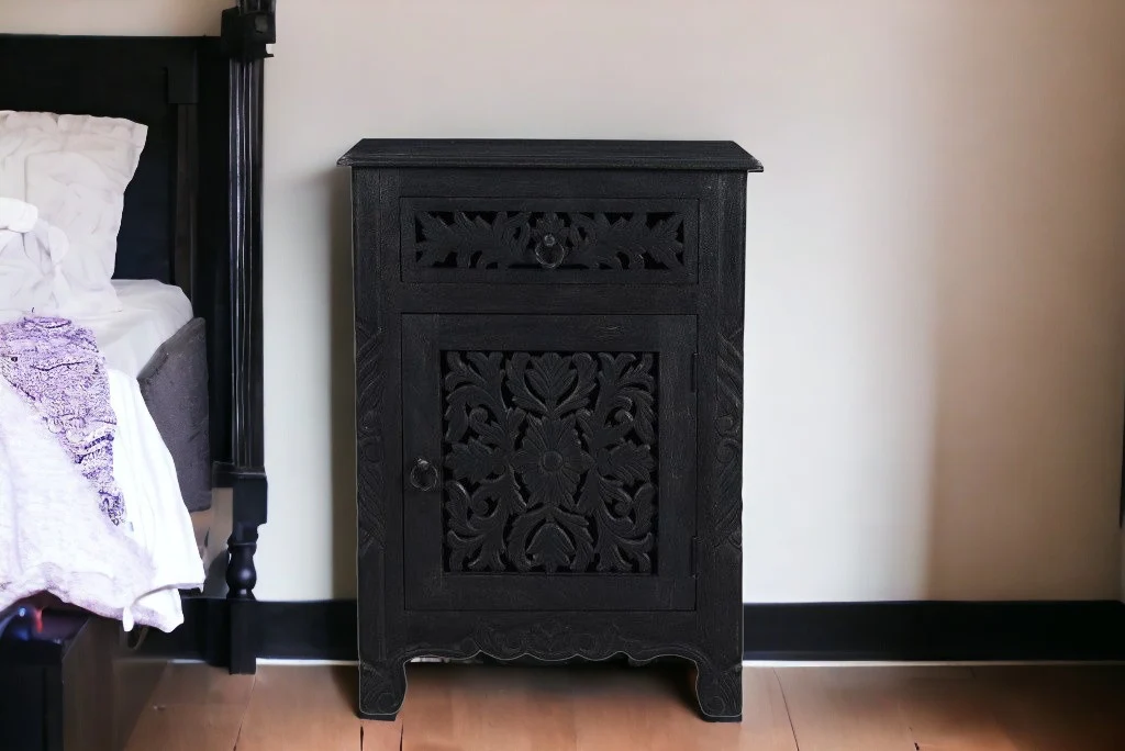 Distressed Black One Drawer Carved Floral Solid Wood Nightstand By Homeroots - Image 7