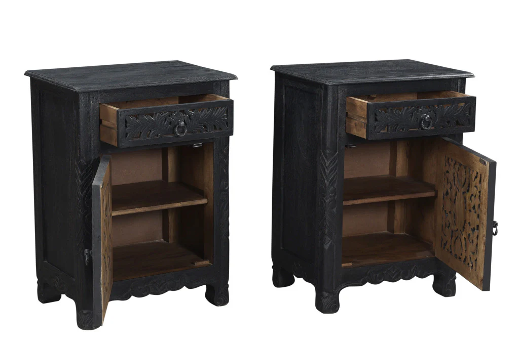 Distressed Black One Drawer Carved Floral Solid Wood Nightstand By Homeroots - Image 8