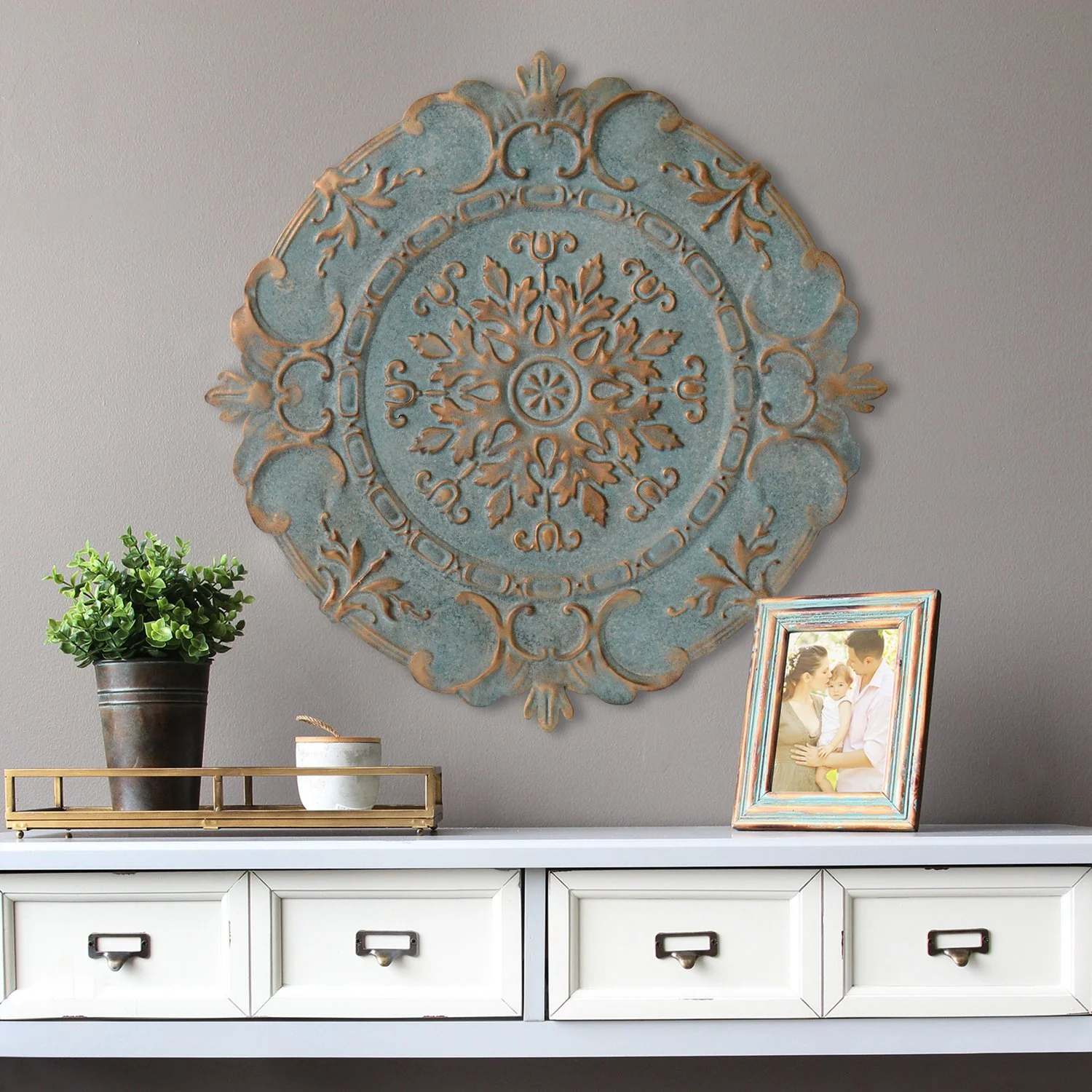 Distressed Blue European Medallion Metal Wall Decor By Homeroots - Image 3