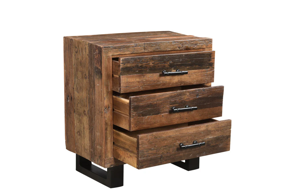 Distressed Dark Brown Three Drawer Wood and Metal Nightstand By Homeroots - Image 2