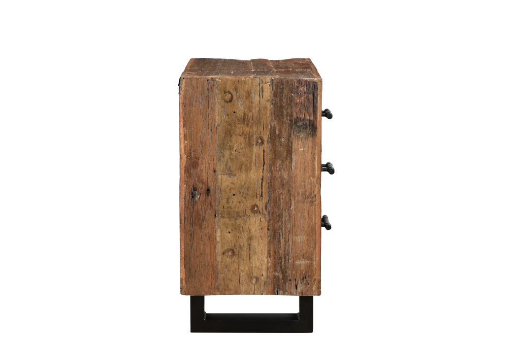 Distressed Dark Brown Three Drawer Wood and Metal Nightstand By Homeroots - Image 3