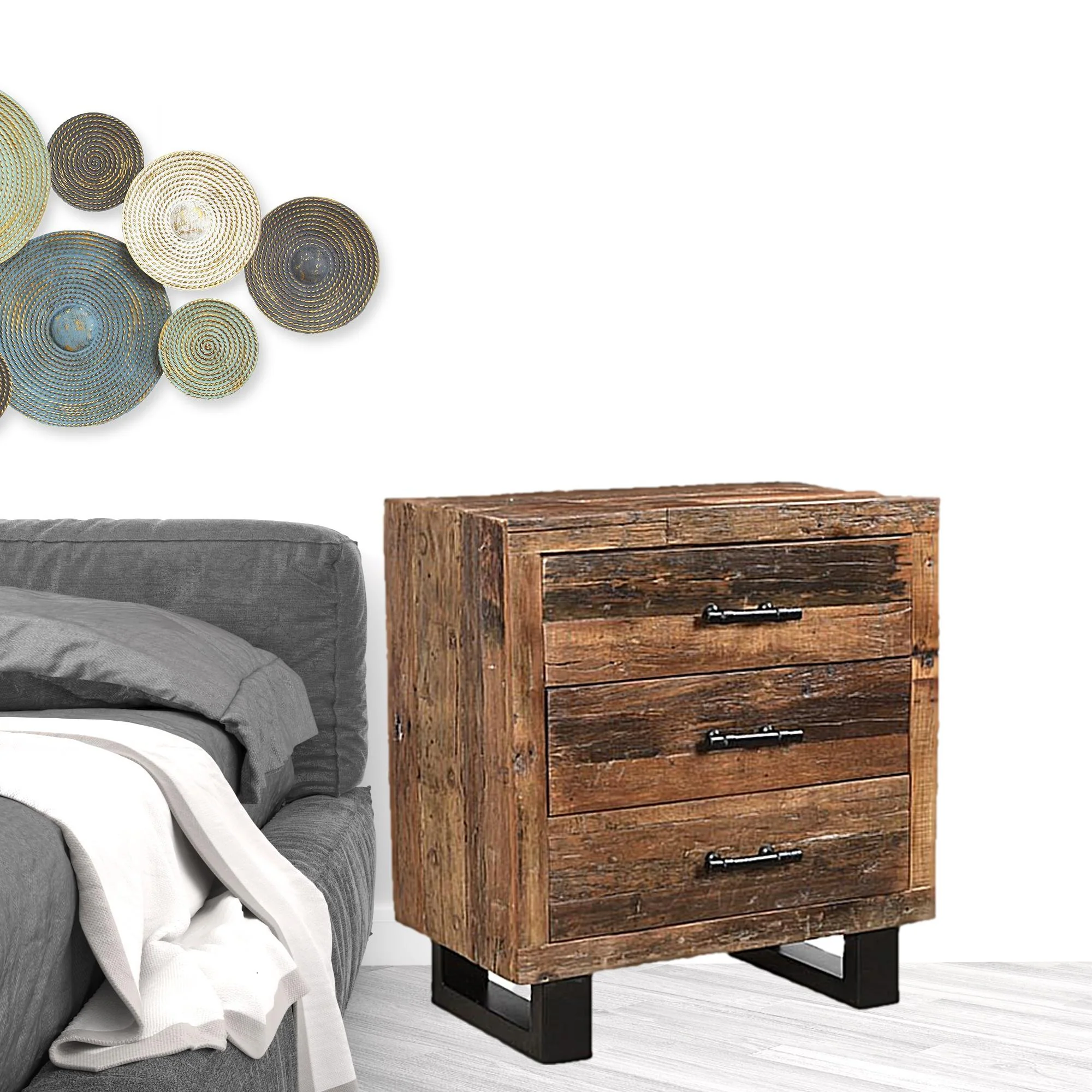 Distressed Dark Brown Three Drawer Wood and Metal Nightstand By Homeroots - Image 5