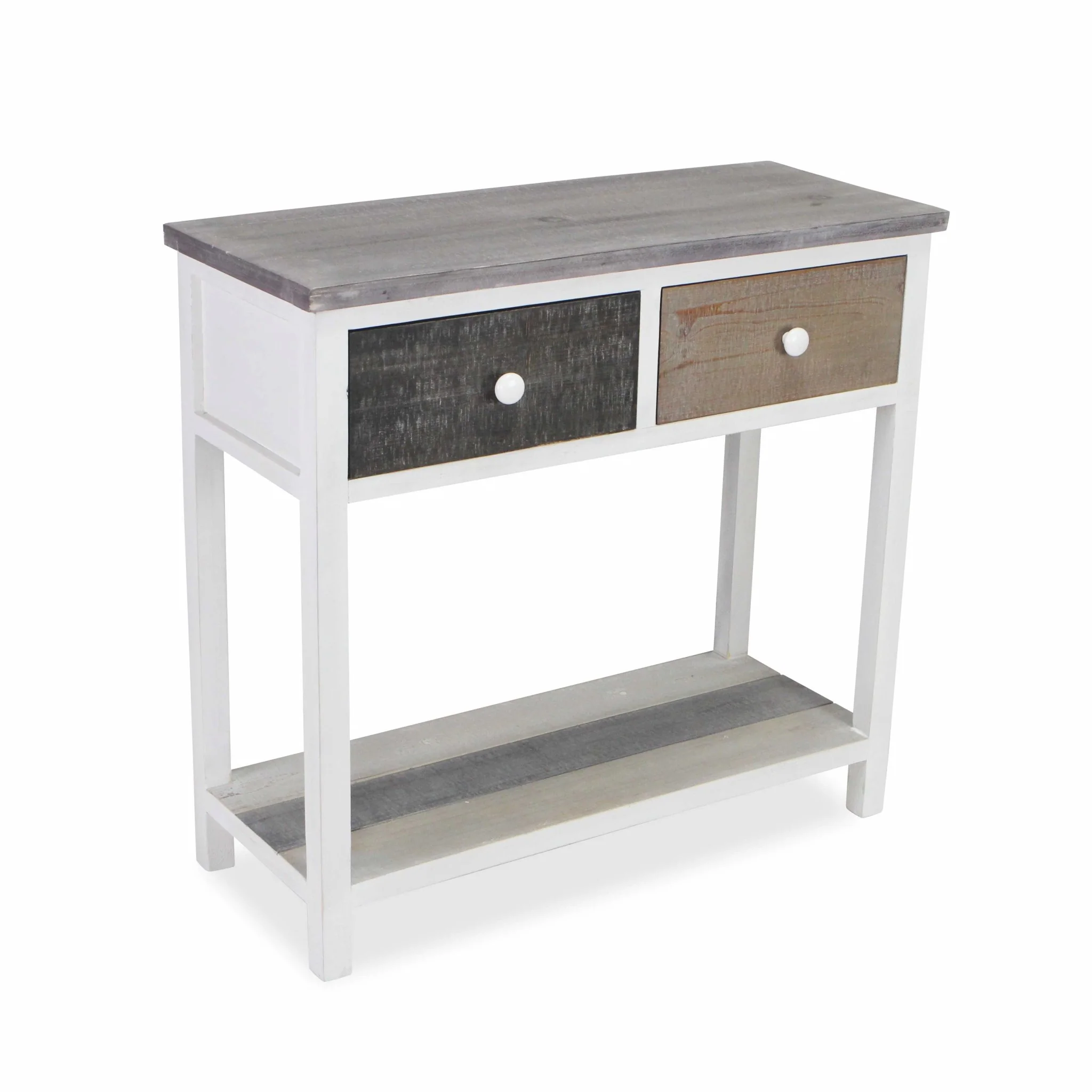 Distressed Gray and White Table with 2 Drawers and Bottom Shelf By Homeroots - Image 2