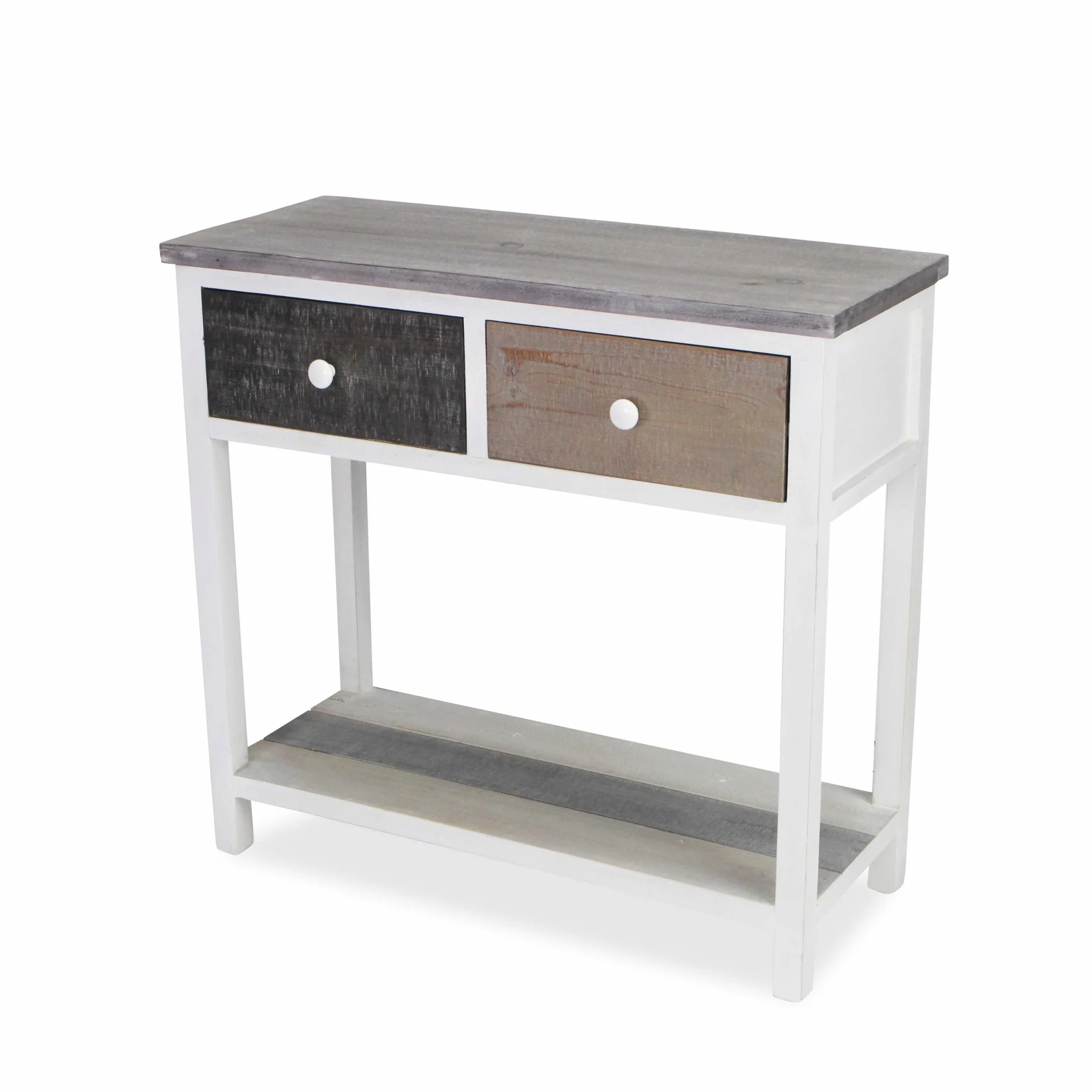 Distressed Gray and White Table with 2 Drawers and Bottom Shelf By Homeroots - Image 3