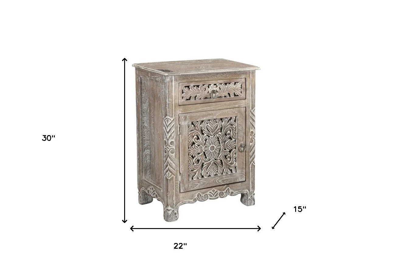 Distressed Gray One Drawer Carved Floral Solid Wood Nightstand By Homeroots - Image 2