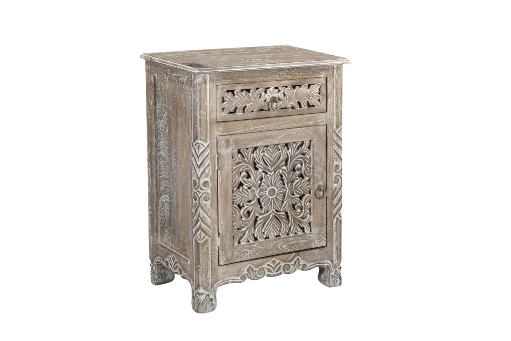 Distressed Gray One Drawer Carved Floral Solid Wood Nightstand By Homeroots - Image 3
