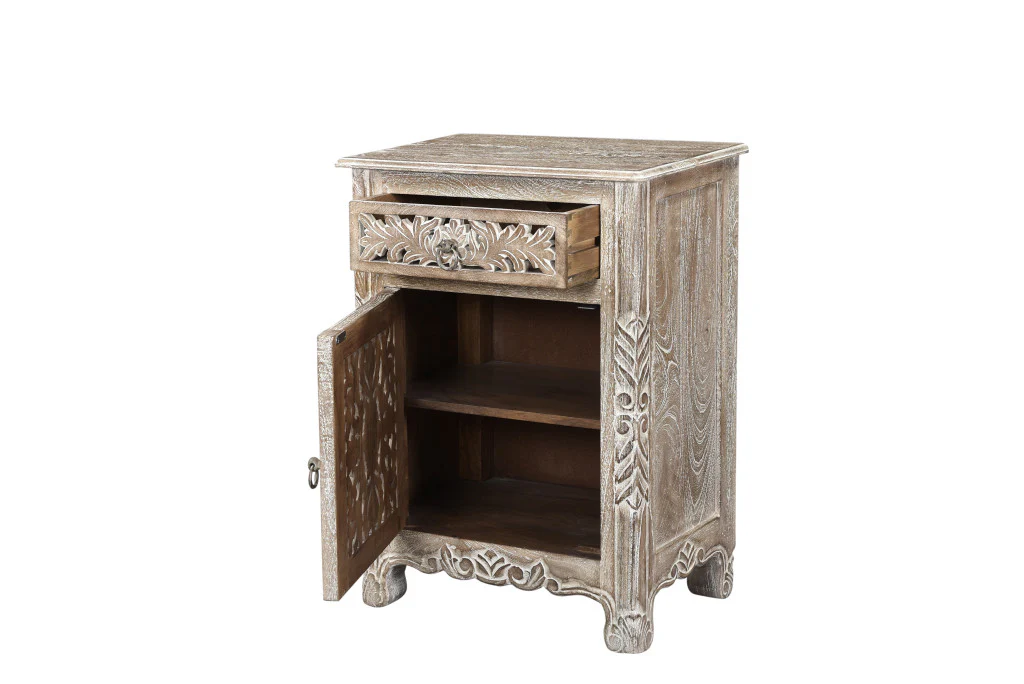 Distressed Gray One Drawer Carved Floral Solid Wood Nightstand By Homeroots - Image 4
