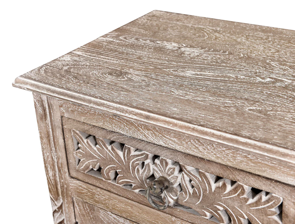 Distressed Gray One Drawer Carved Floral Solid Wood Nightstand By Homeroots - Image 5