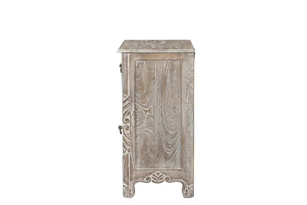 Distressed Gray One Drawer Carved Floral Solid Wood Nightstand By Homeroots - Image 6